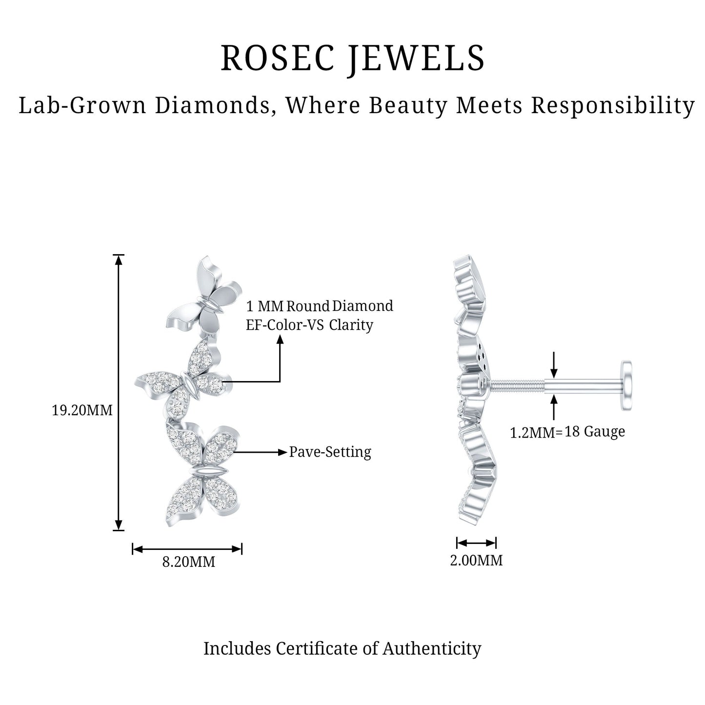 Diamond Butterfly Crawler Earring for Helix Piercing