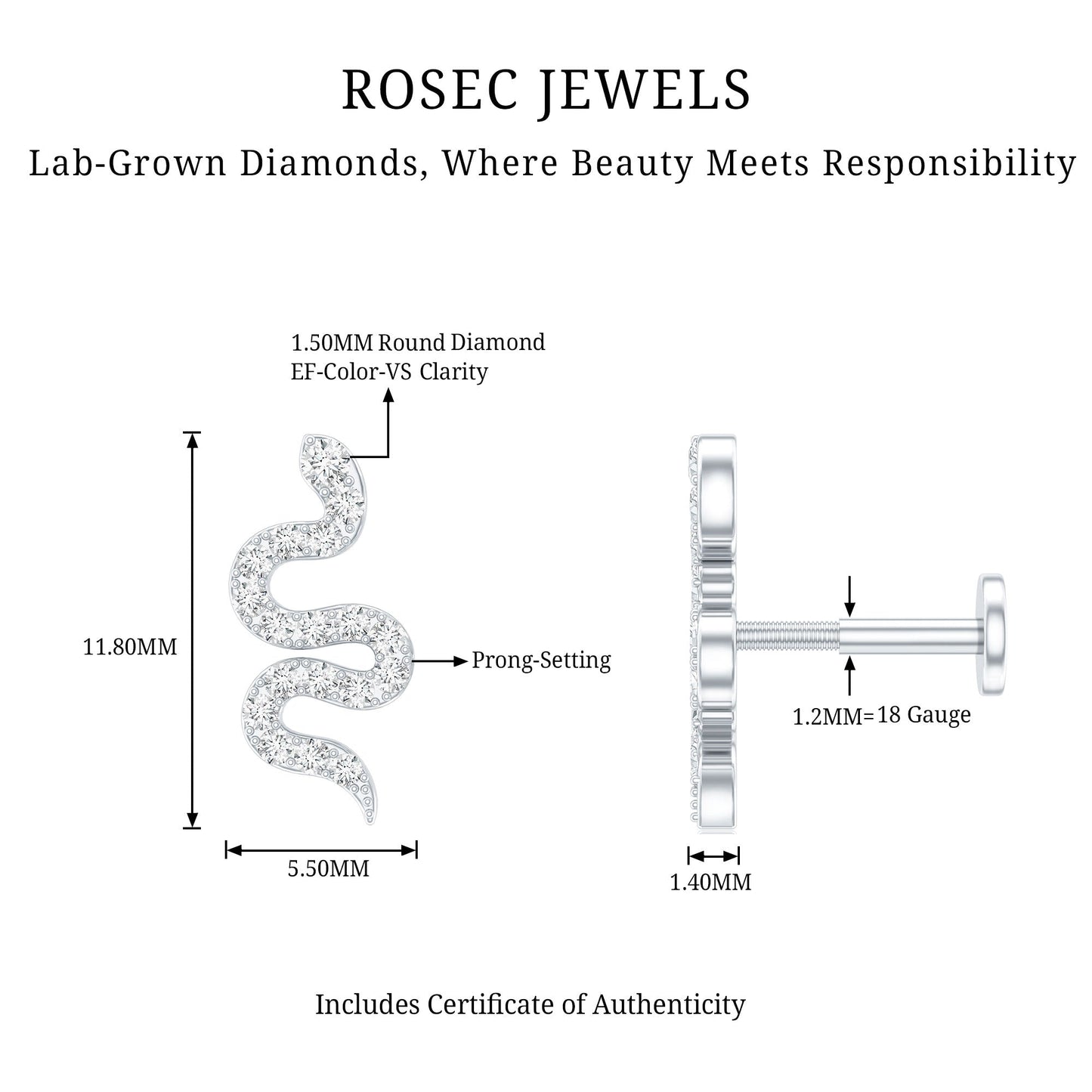 Certified Diamond Snake Earring for Cartilage Piercing