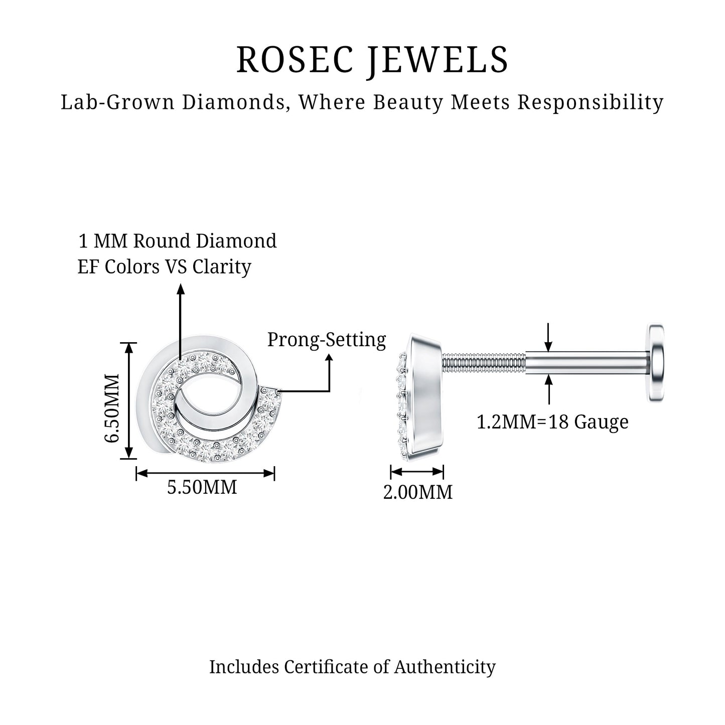 Certified Diamond Spiral Earring for Cartilage Piercing