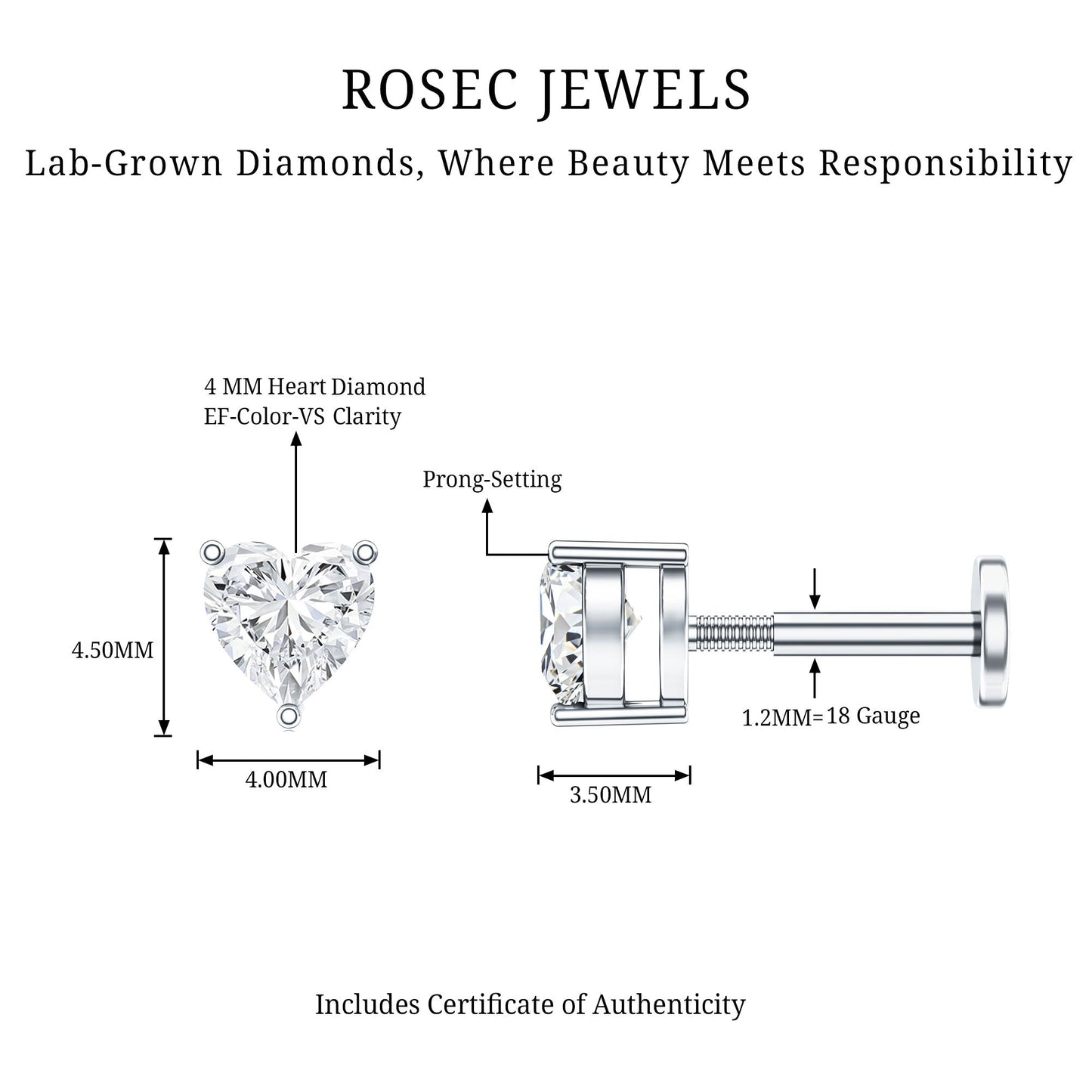 Solitaire Diamond Heart Earring with Flat Back