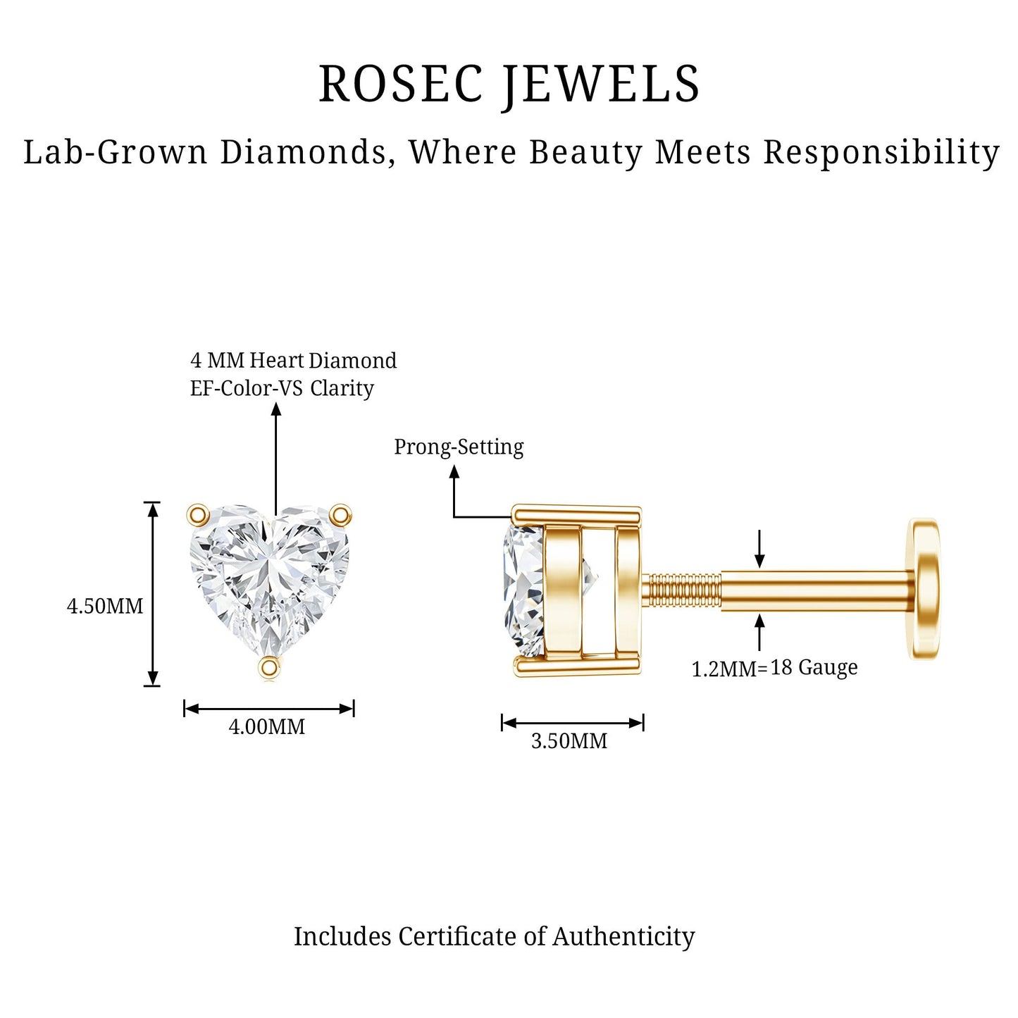 Solitaire Diamond Heart Earring with Flat Back