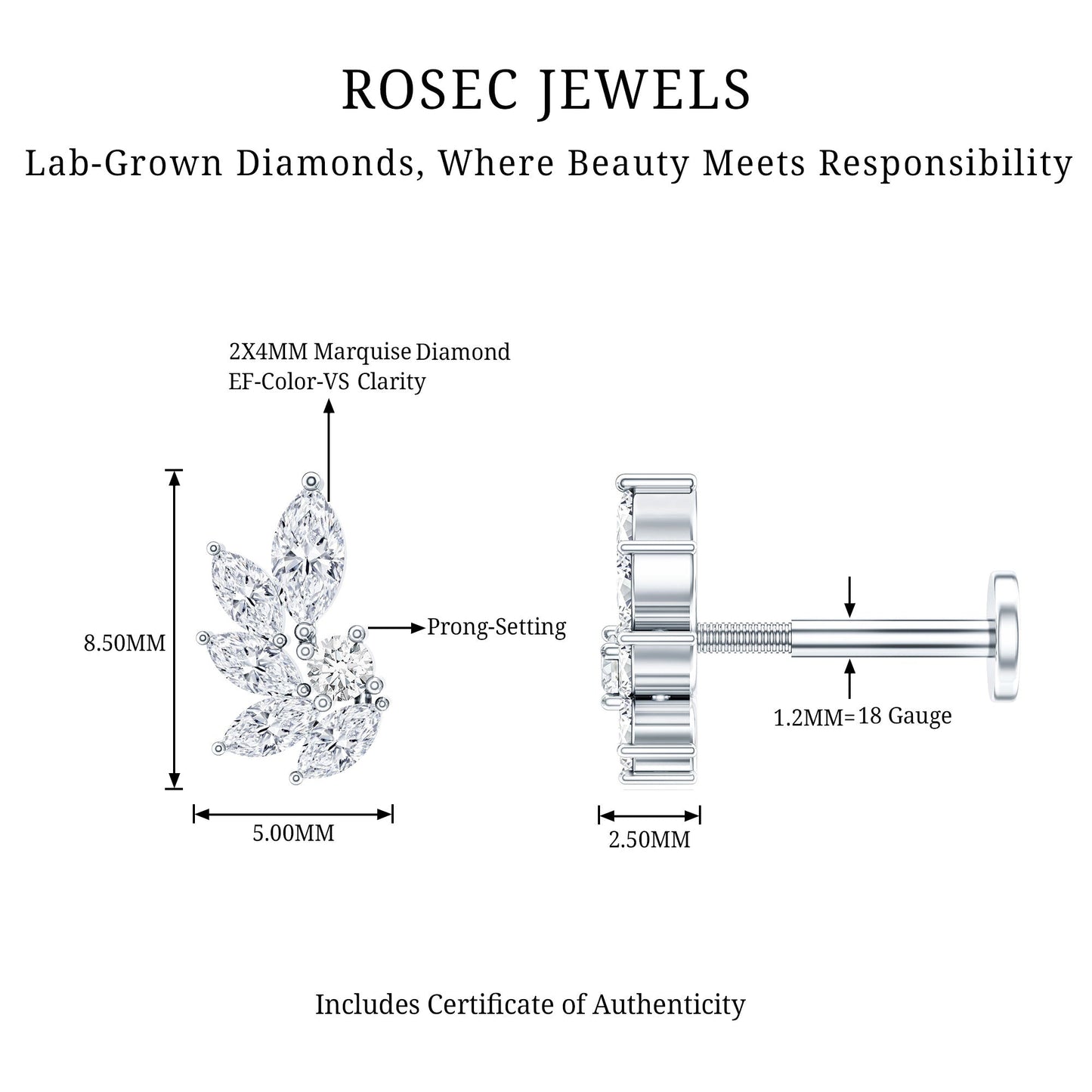 Marquise Diamond Leaf Cluster Earring for Cartilage Piercing