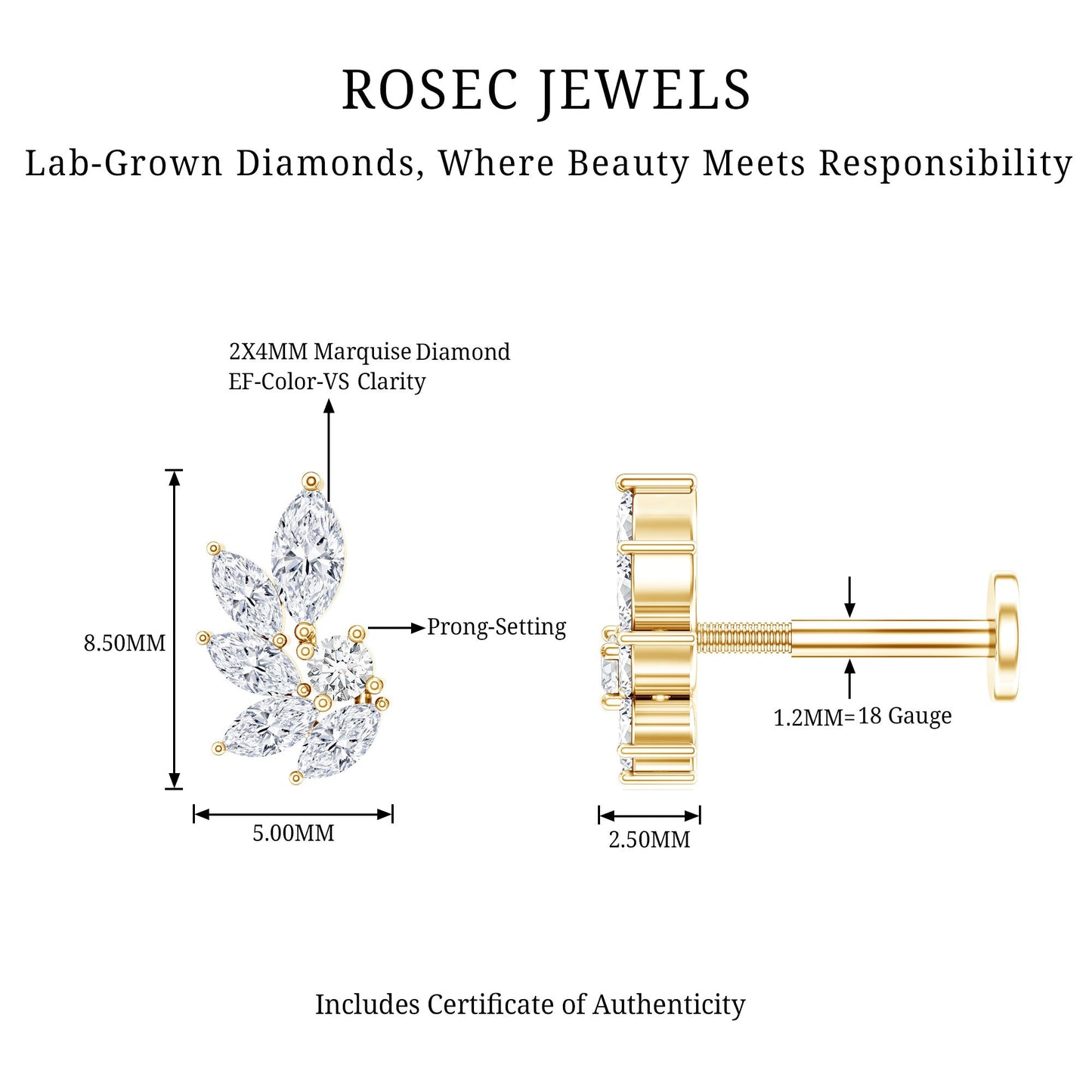 Marquise Diamond Leaf Cluster Earring for Cartilage Piercing