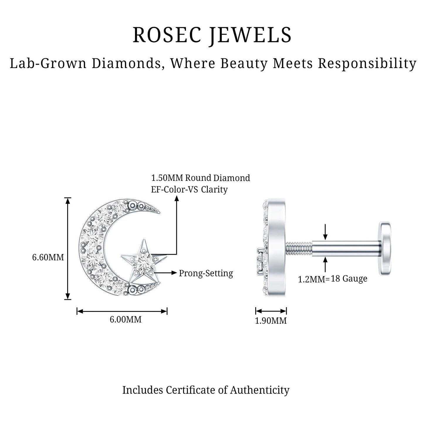 Certified Diamond Crescent Moon Helix Earring with Star
