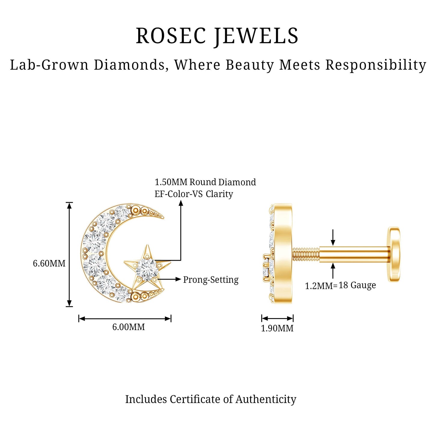 Certified Diamond Crescent Moon Helix Earring with Star