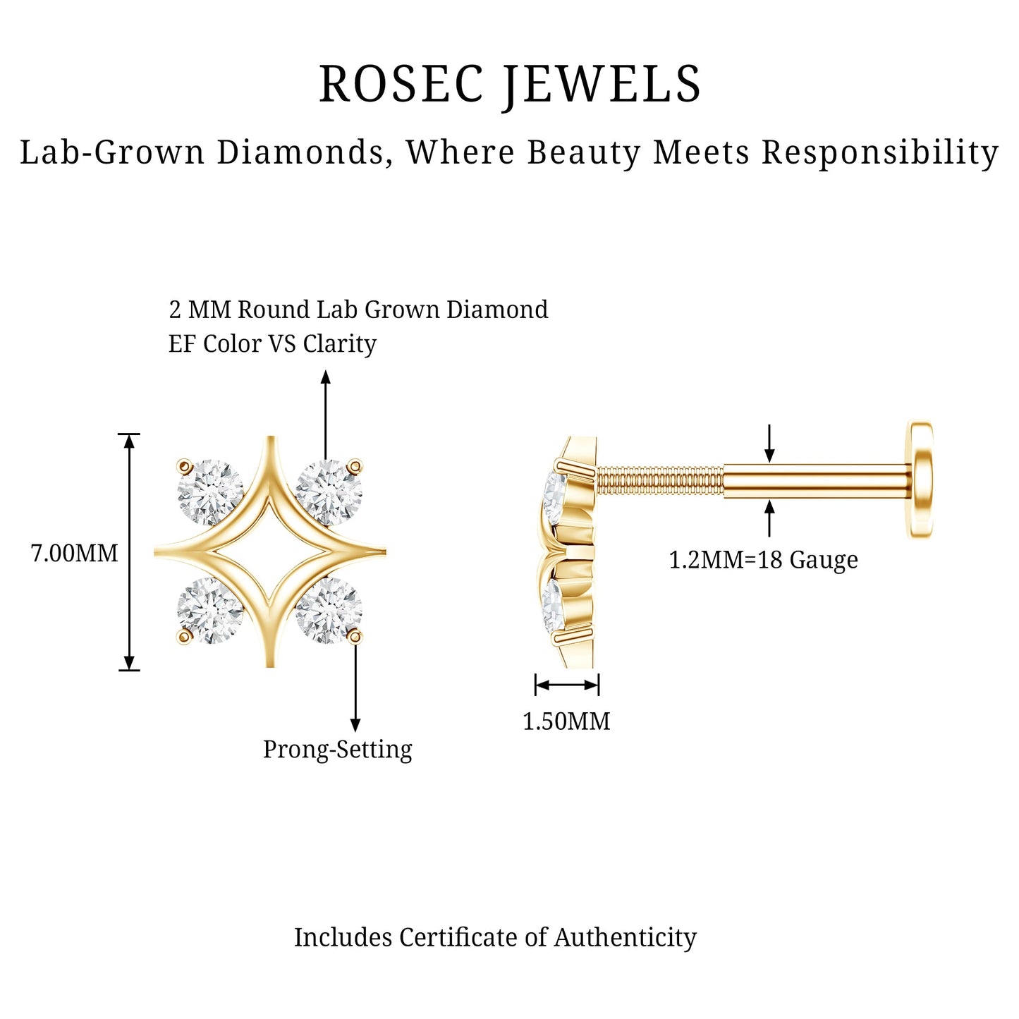 Round Cut Diamond Star Earring for Helix Piercing
