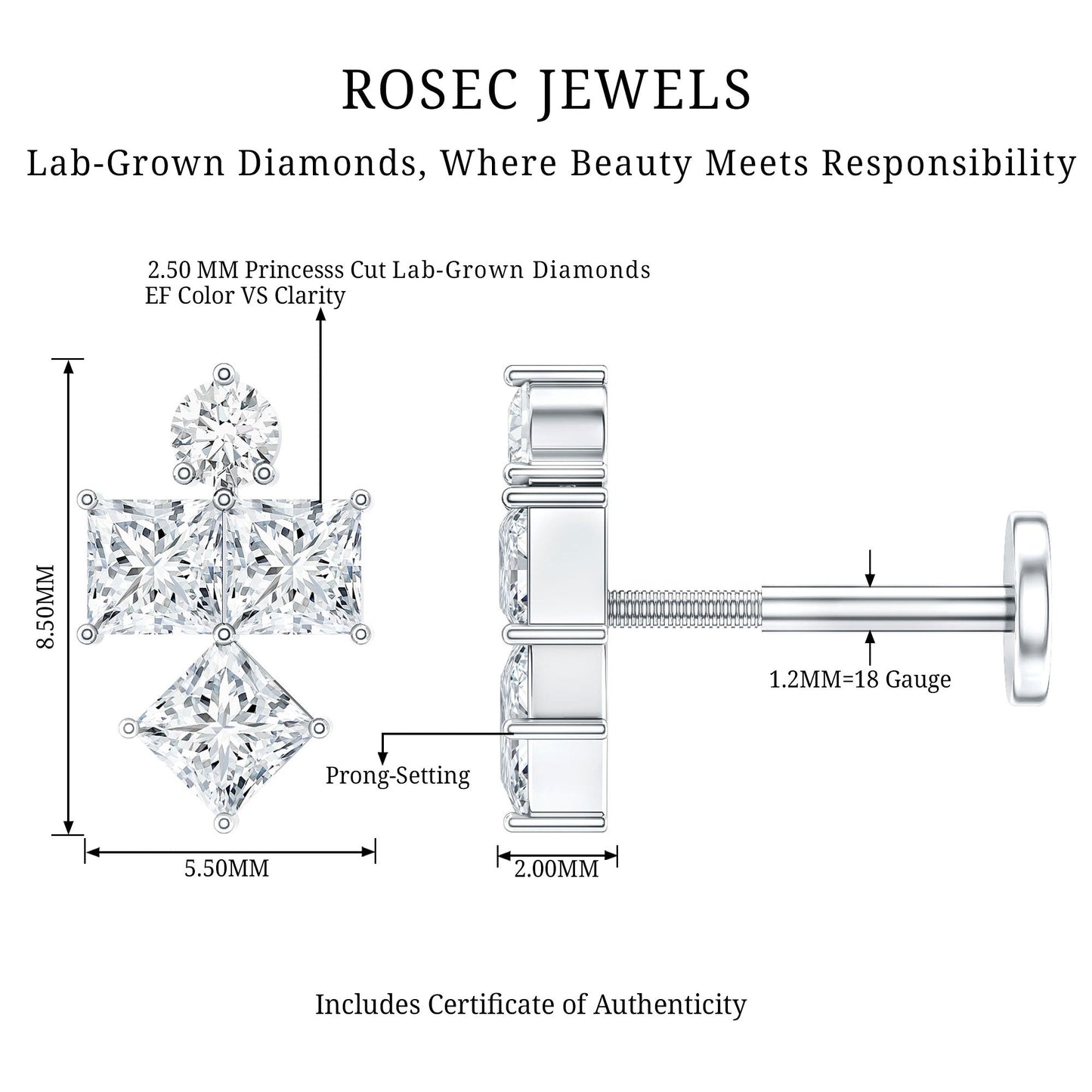 Princess Cut Diamond Helix Piercing Earring for Women