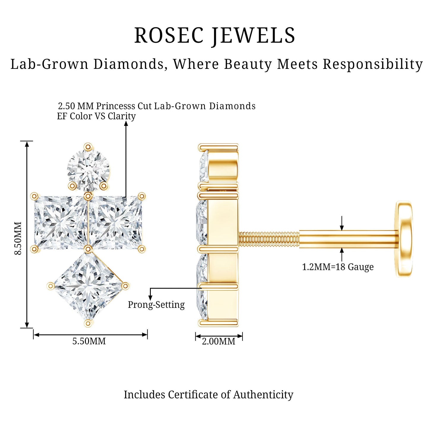 Princess Cut Diamond Helix Piercing Earring for Women