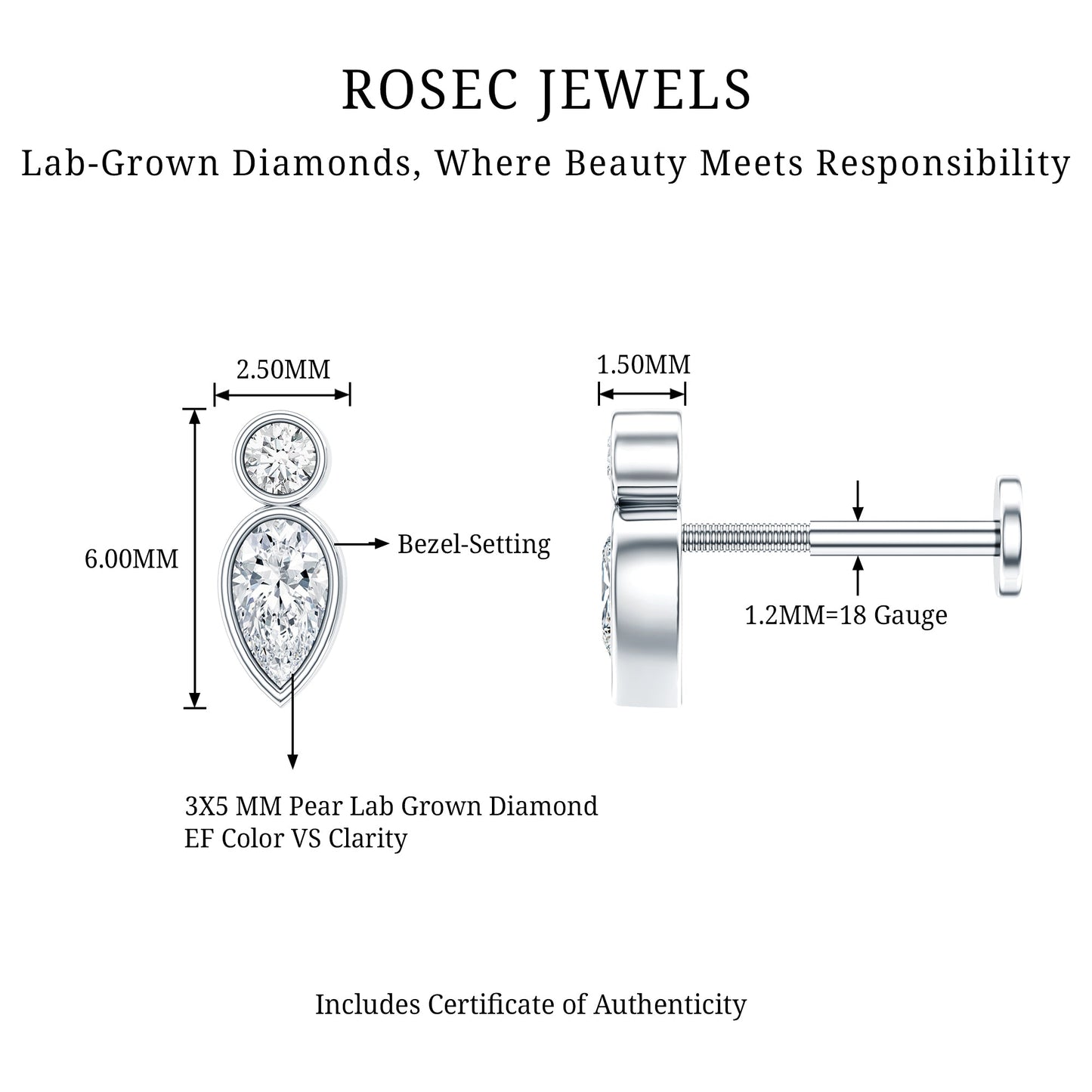 Minimal Pear Diamond Tragus Earring in Bezel Setting
