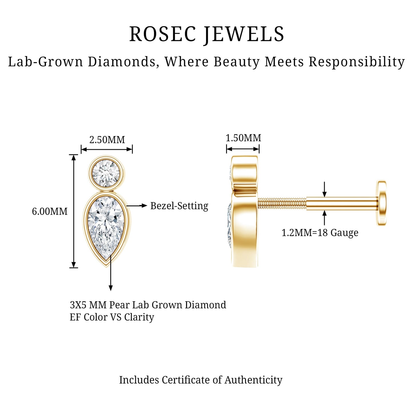 Minimal Pear Diamond Tragus Earring in Bezel Setting