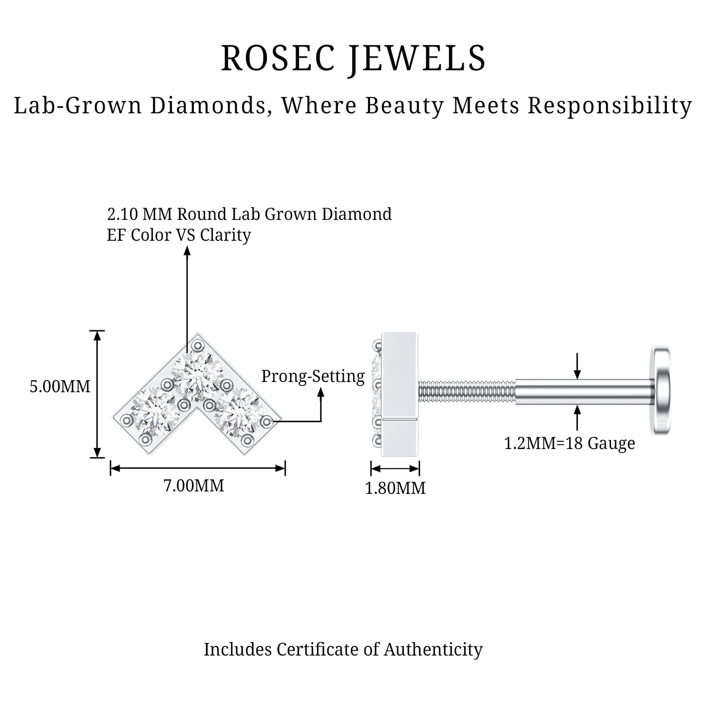 Certified Diamond Chevron V Earring for Tragus Piercing