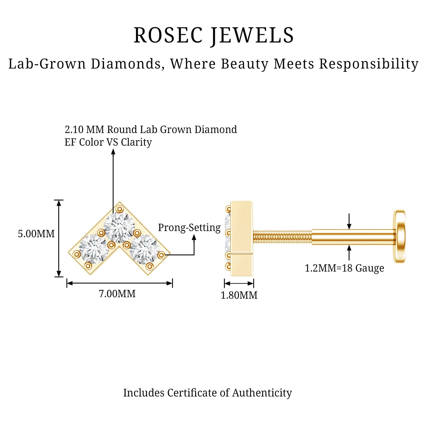 Certified Diamond Chevron V Earring for Tragus Piercing