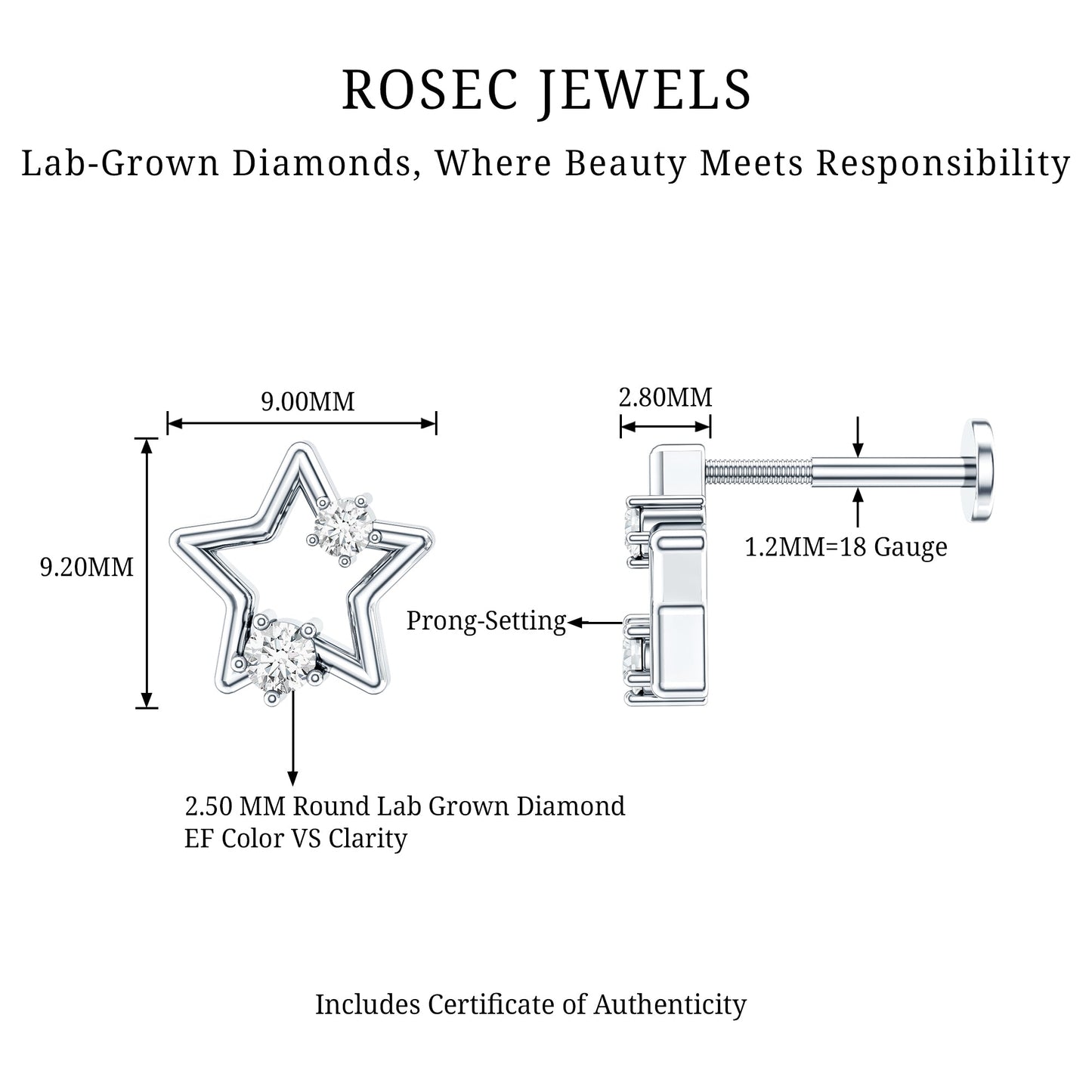 Certified Diamond Star Earring for Upper Lobe Piercing