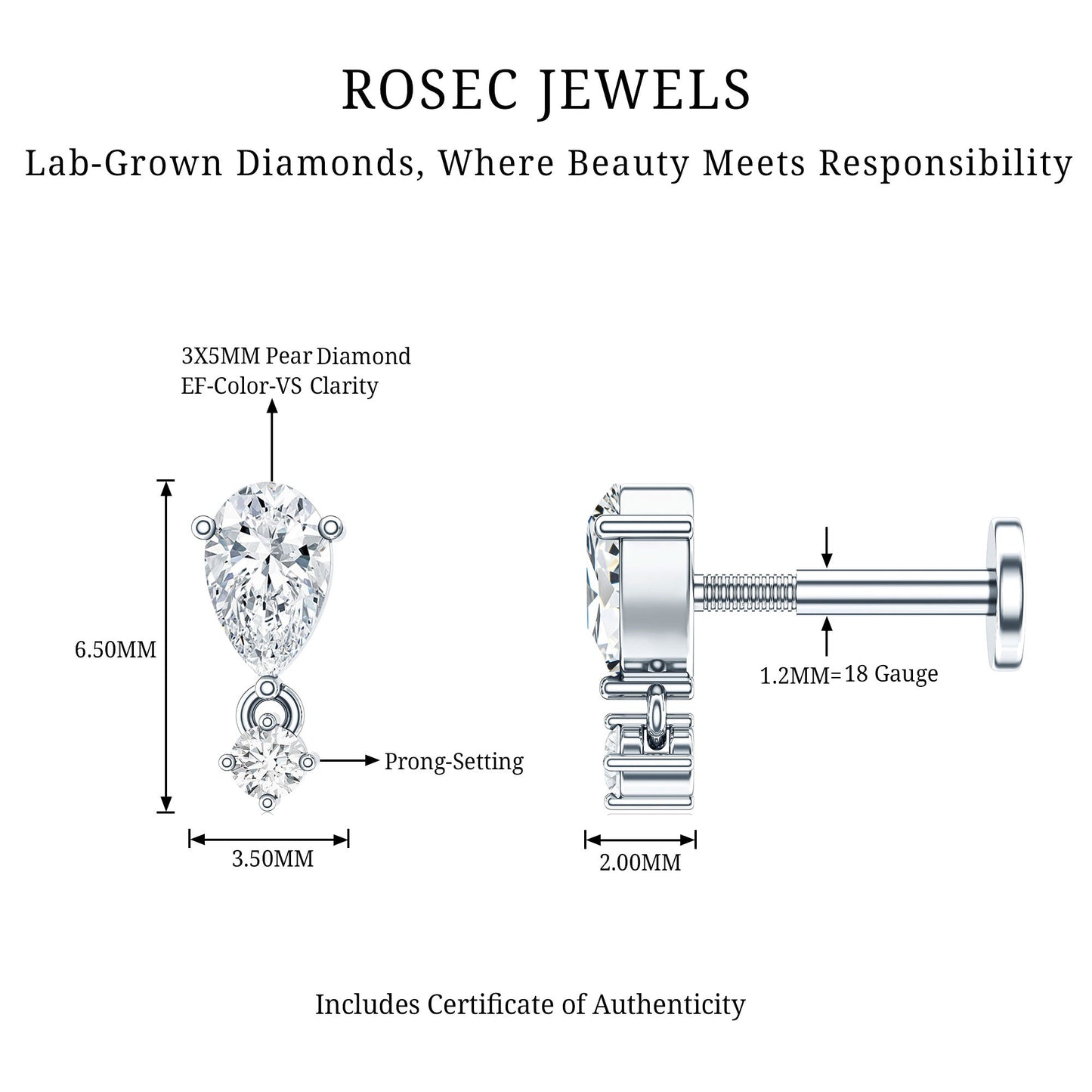 Pear Diamond Drop Earring for Helix Piercing