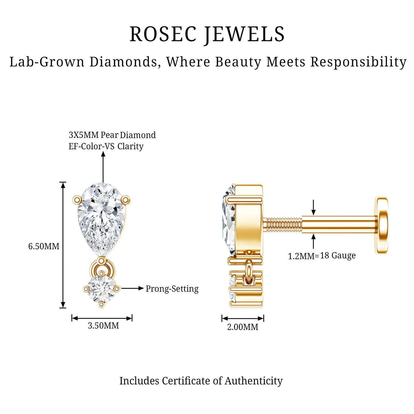 Pear Diamond Drop Earring for Helix Piercing