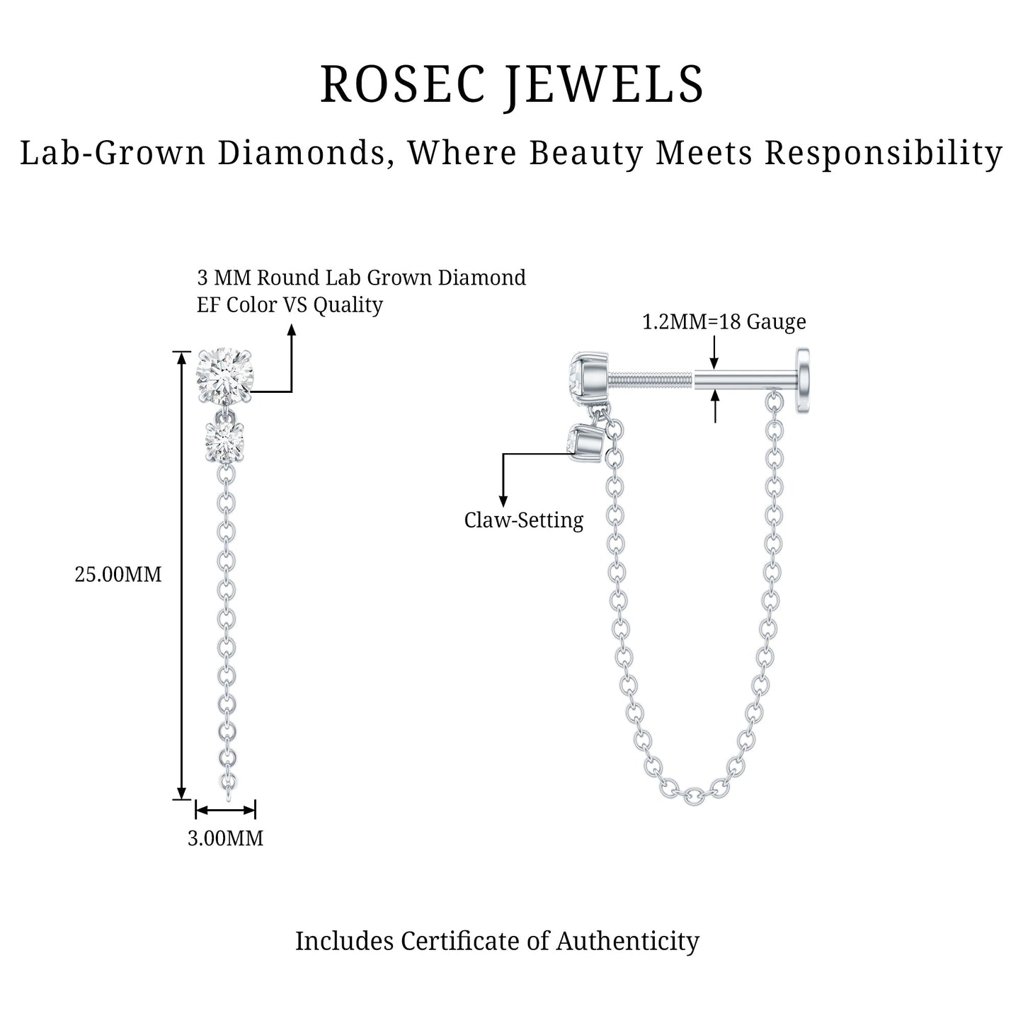 Certified Diamond Chain Drop Earring for Helix Piercing