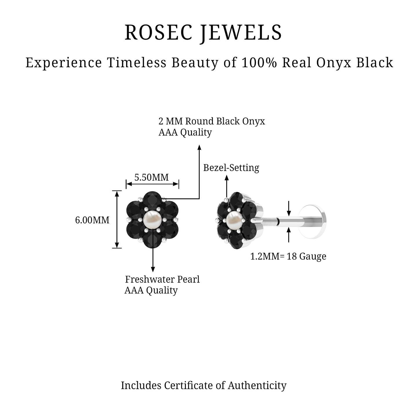 Tiny Black Onyx and Freshwater Pearl Flower Conch Earring
