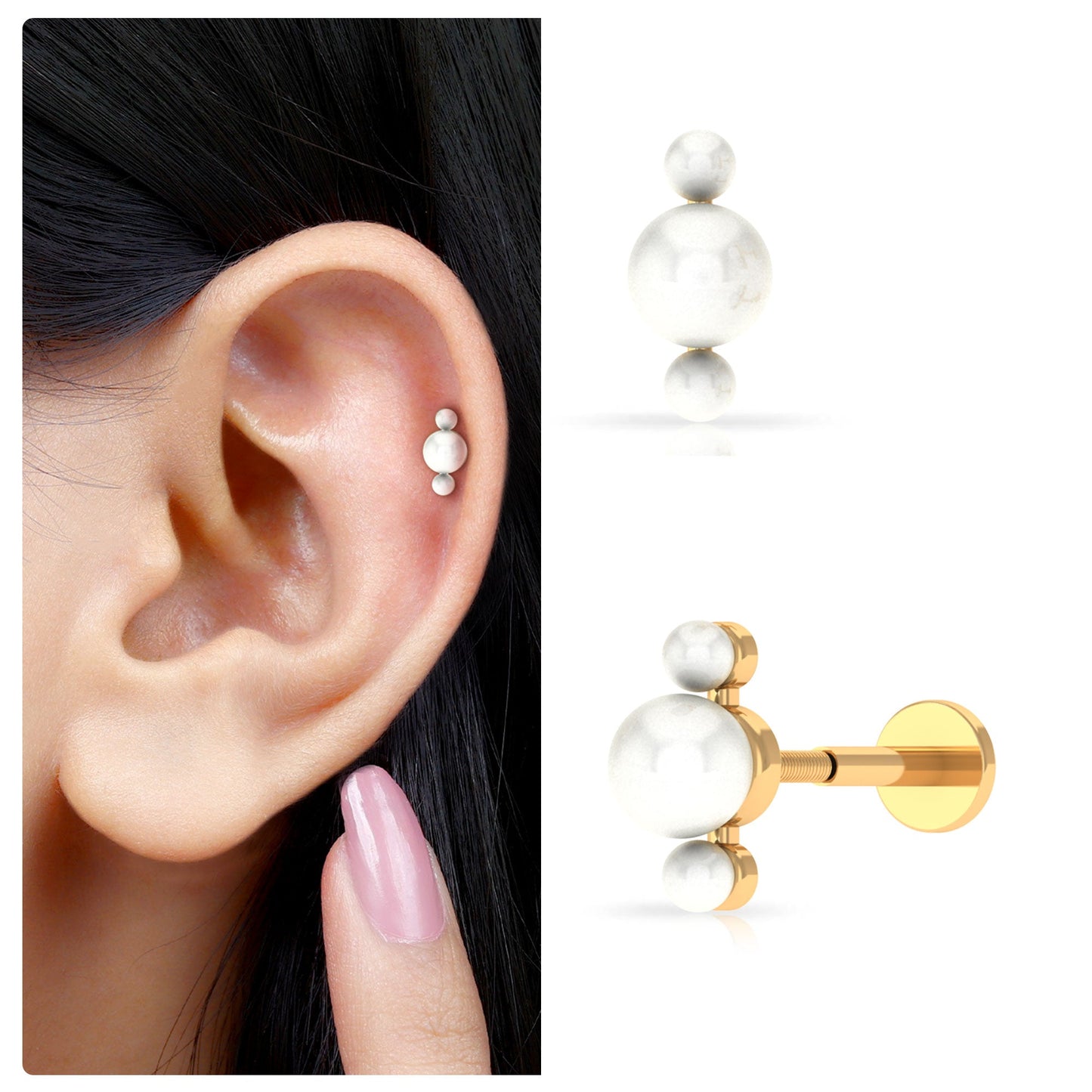 Round Freshwater Pearl Three Stone Cartilage Earring