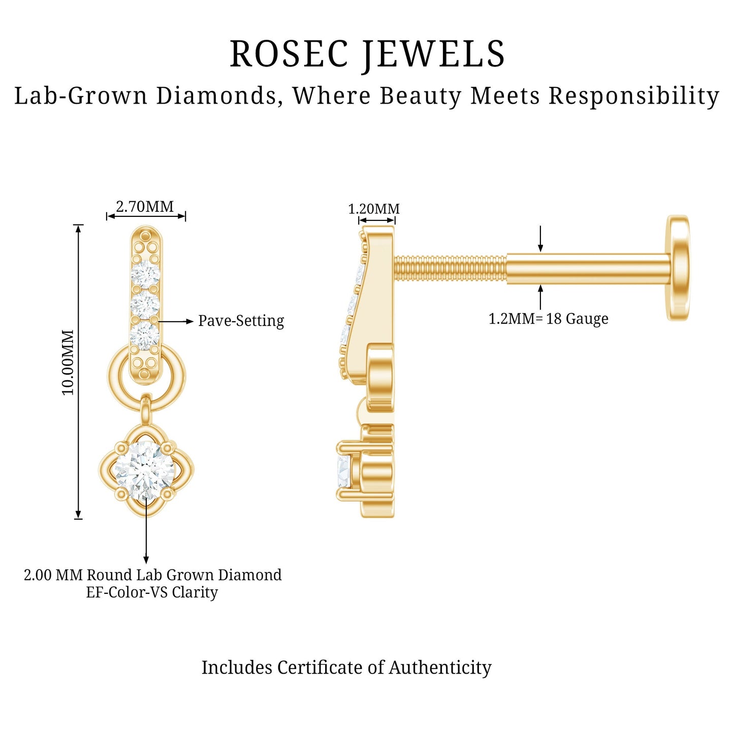 Minimalist Diamond Drop Earring for Cartilage Piercing