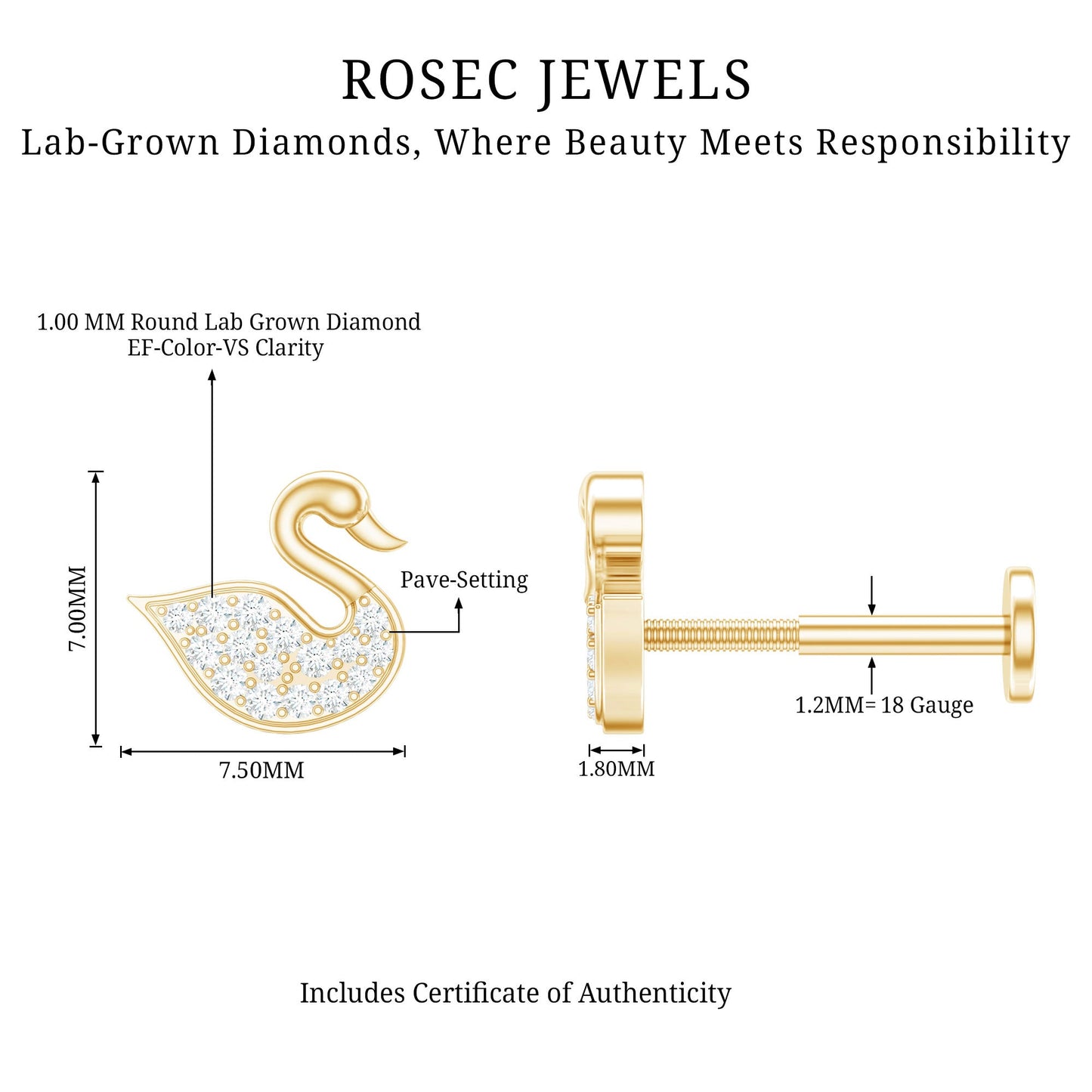 Diamond Swan Earring for Upper Lobe Piercing