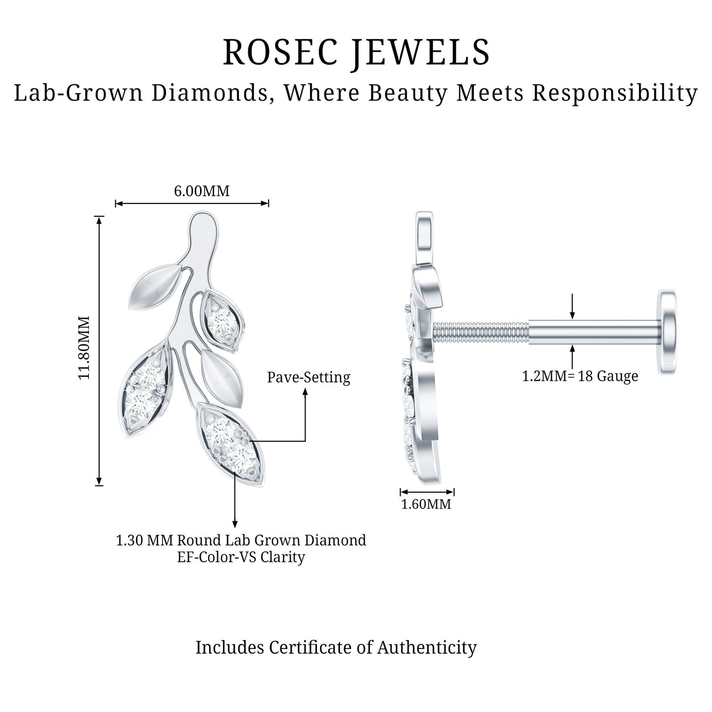 Diamond Vine Leaf Earring for Helix Piercing