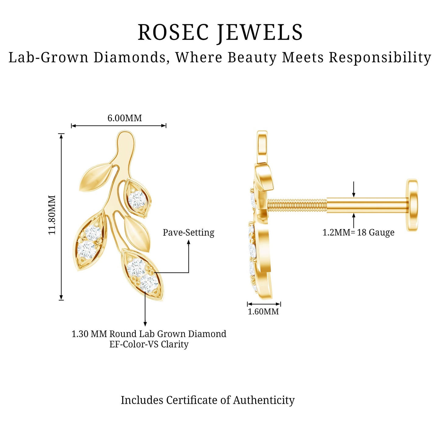 Diamond Vine Leaf Earring for Helix Piercing
