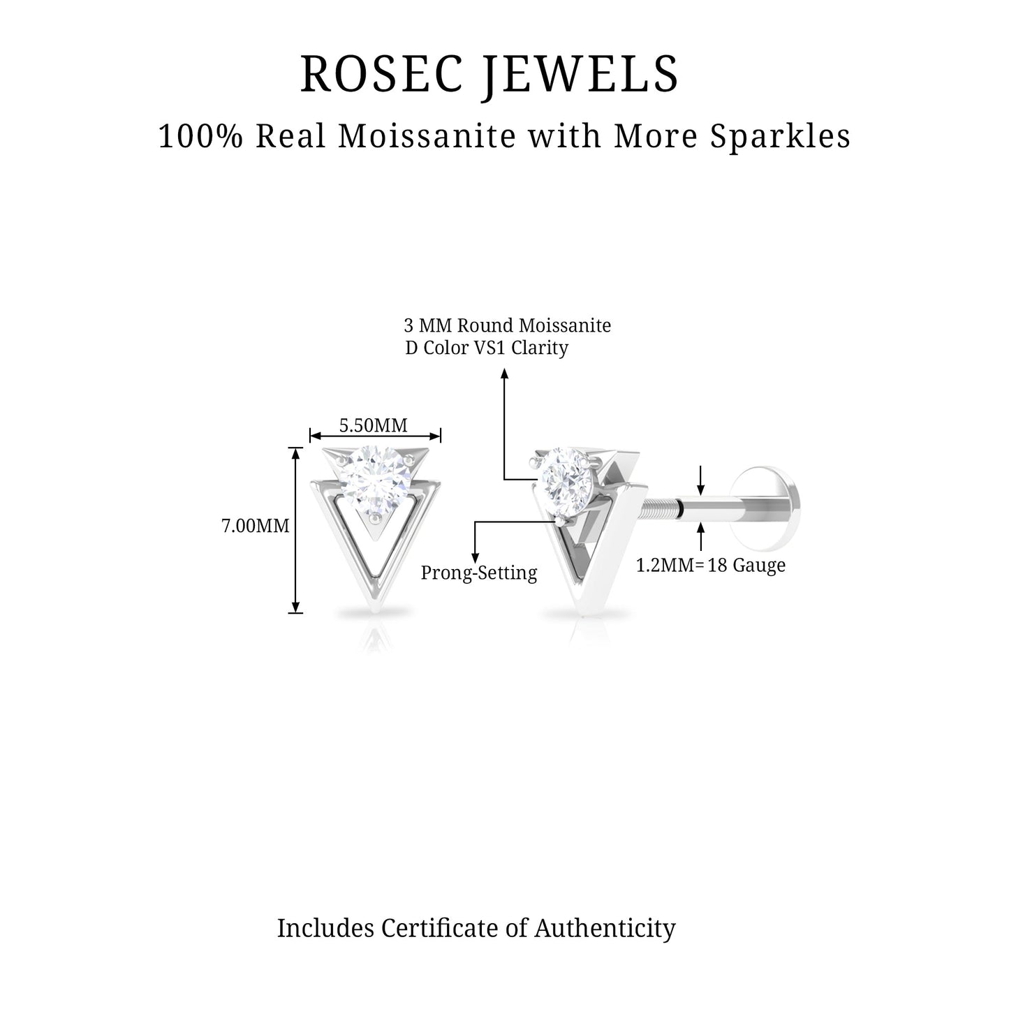Certified Moissanite Triangle Tragus Earring