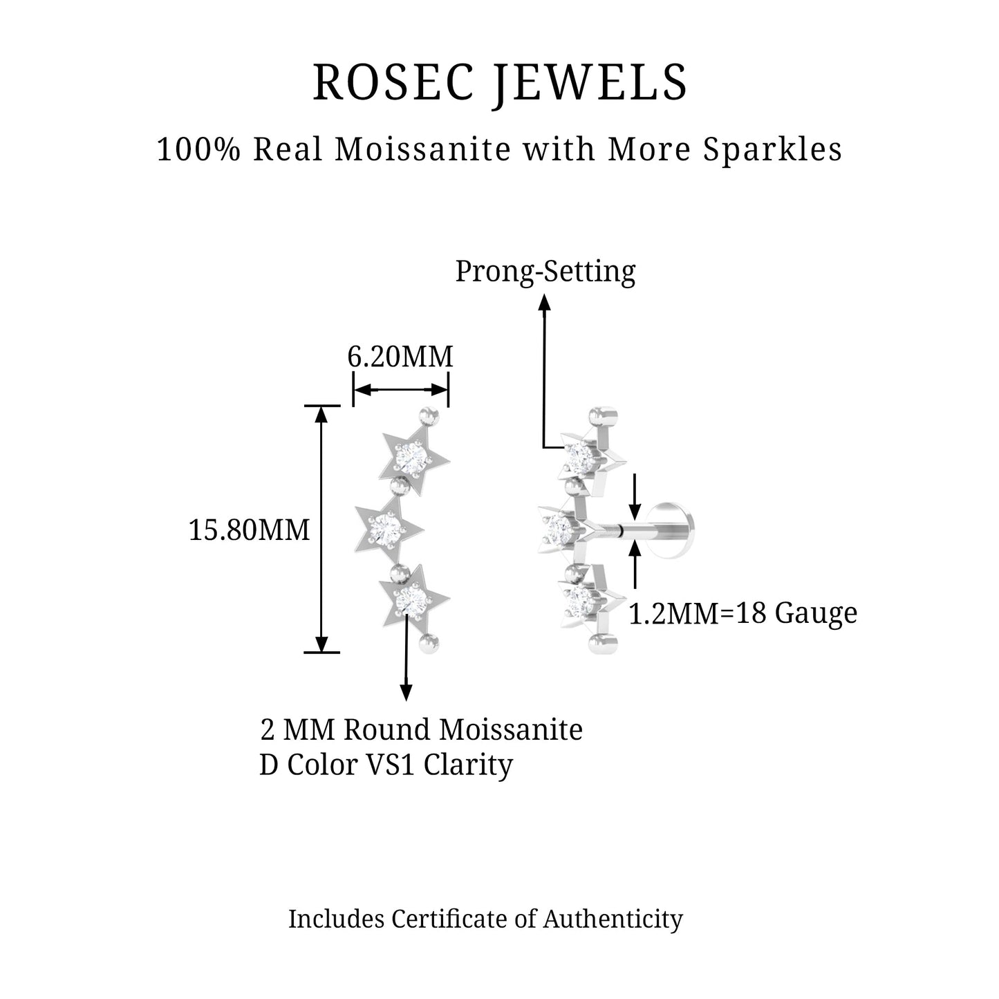 Moissanite Triple Star Ear Climber Earring