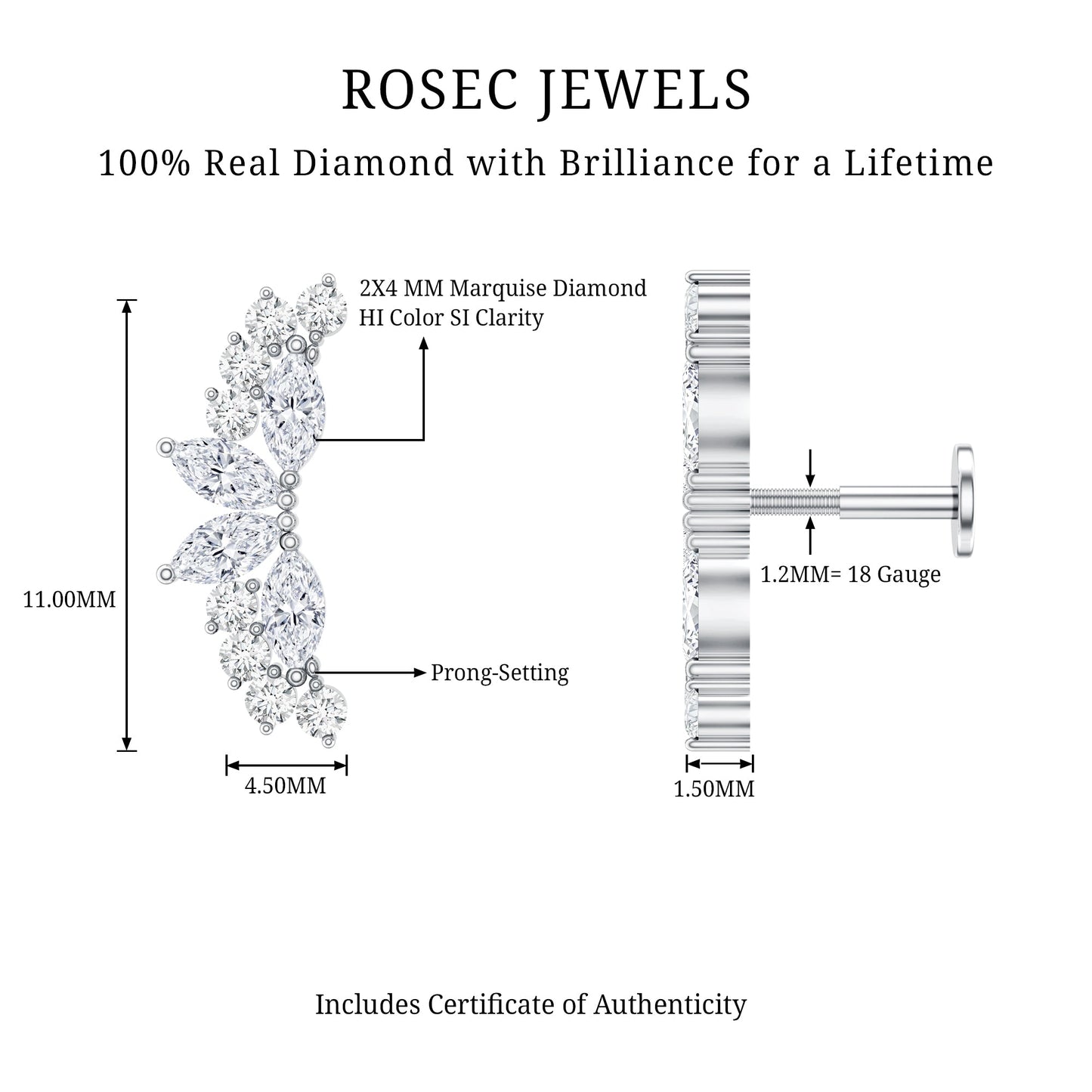 Unique Diamond Crawler Earring for Cartilage Piercing