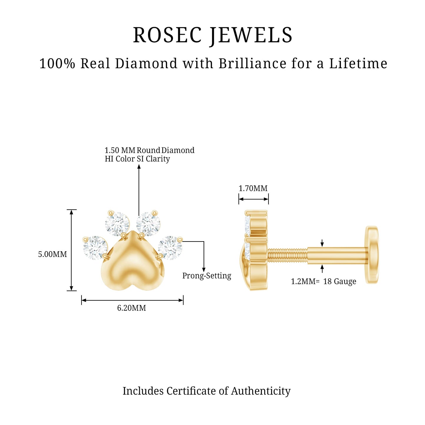 Diamond and Heart Dog Paw Print Cartilage Earring
