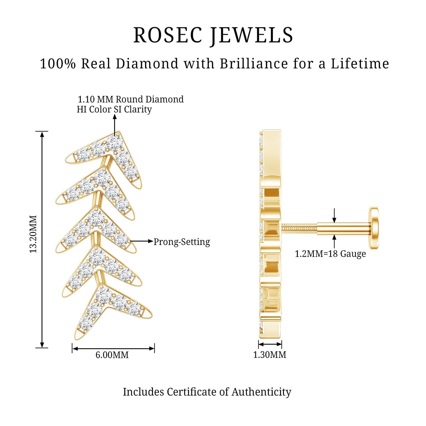 Minimalist Diamond Leaf Crawler Earring for Helix Piercing