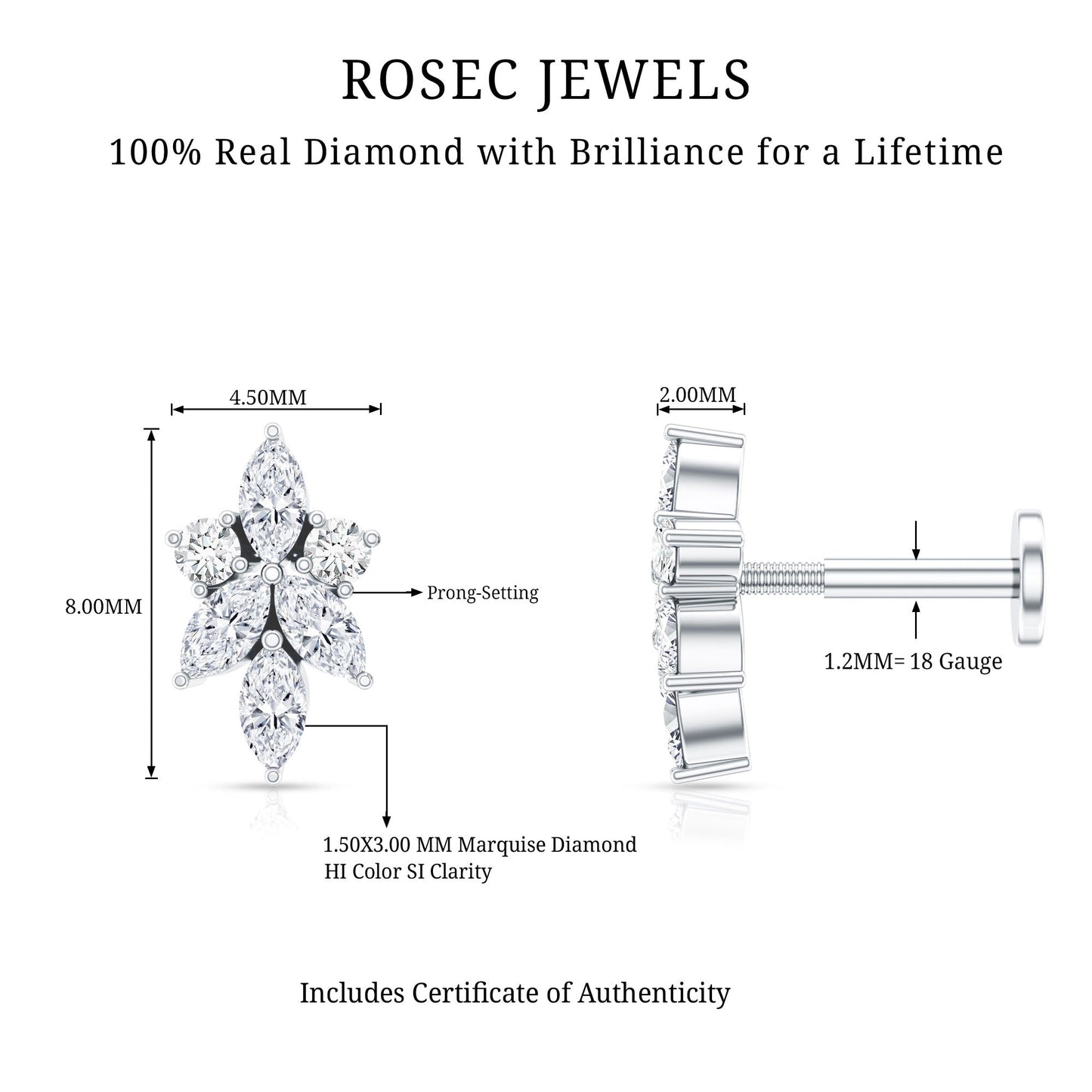 Marquise Diamond Cluster Flower Earring with Flat Back