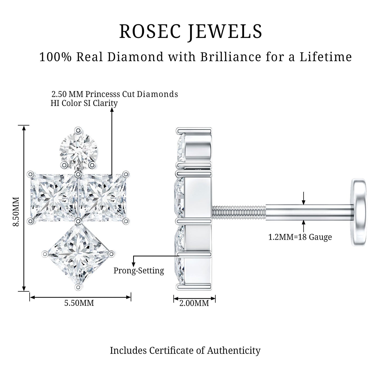 Princess Cut Diamond Helix Piercing Earring for Women