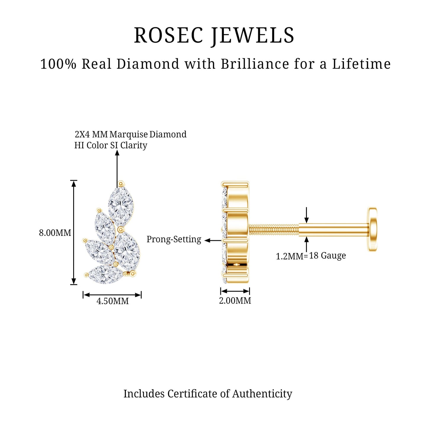 Nature Inspired Marquise Diamond Cluster Earring for Helix