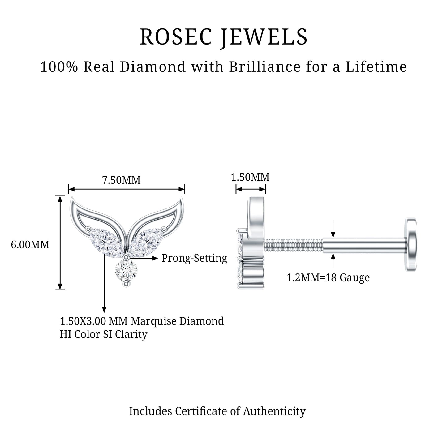 Marquise Diamond Leaf Earring for Cartilage Piercing