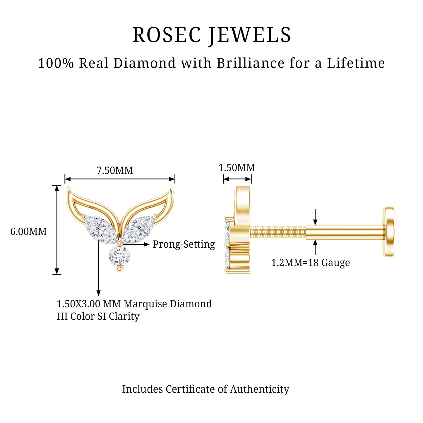 Marquise Diamond Leaf Earring for Cartilage Piercing