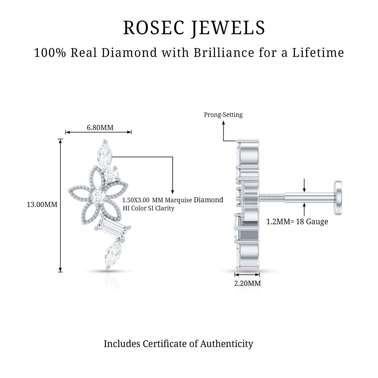 Real Diamond Flower Crawler Earring for Helix Piercing