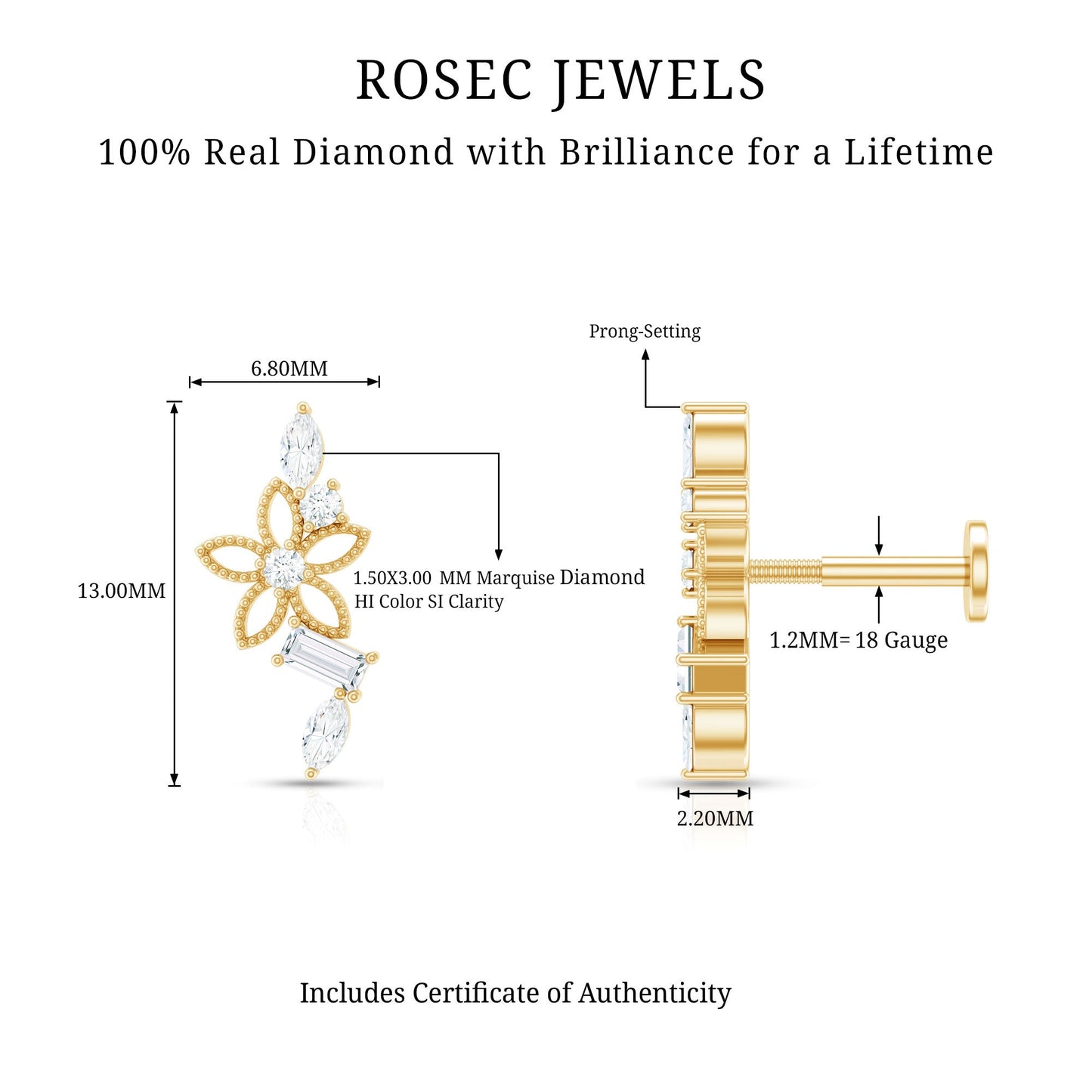 Real Diamond Flower Crawler Earring for Helix Piercing