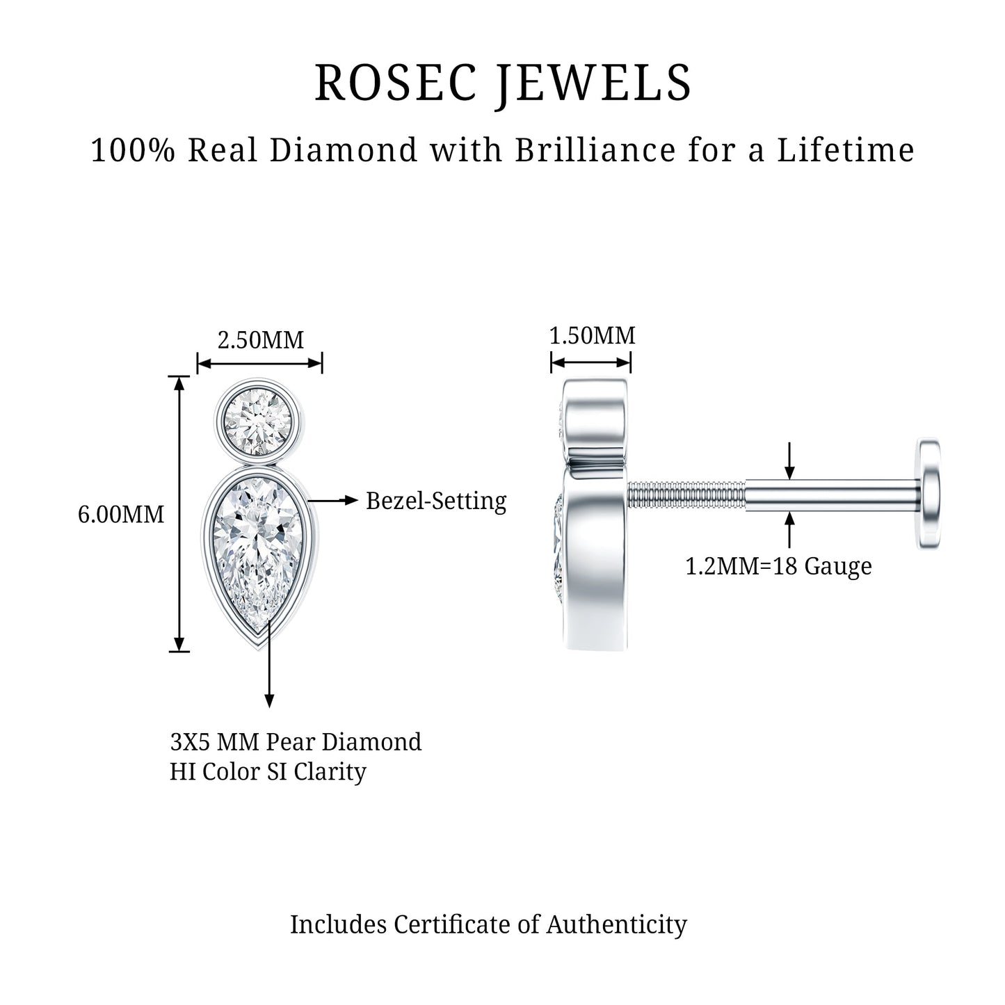 Minimal Pear Diamond Tragus Earring in Bezel Setting