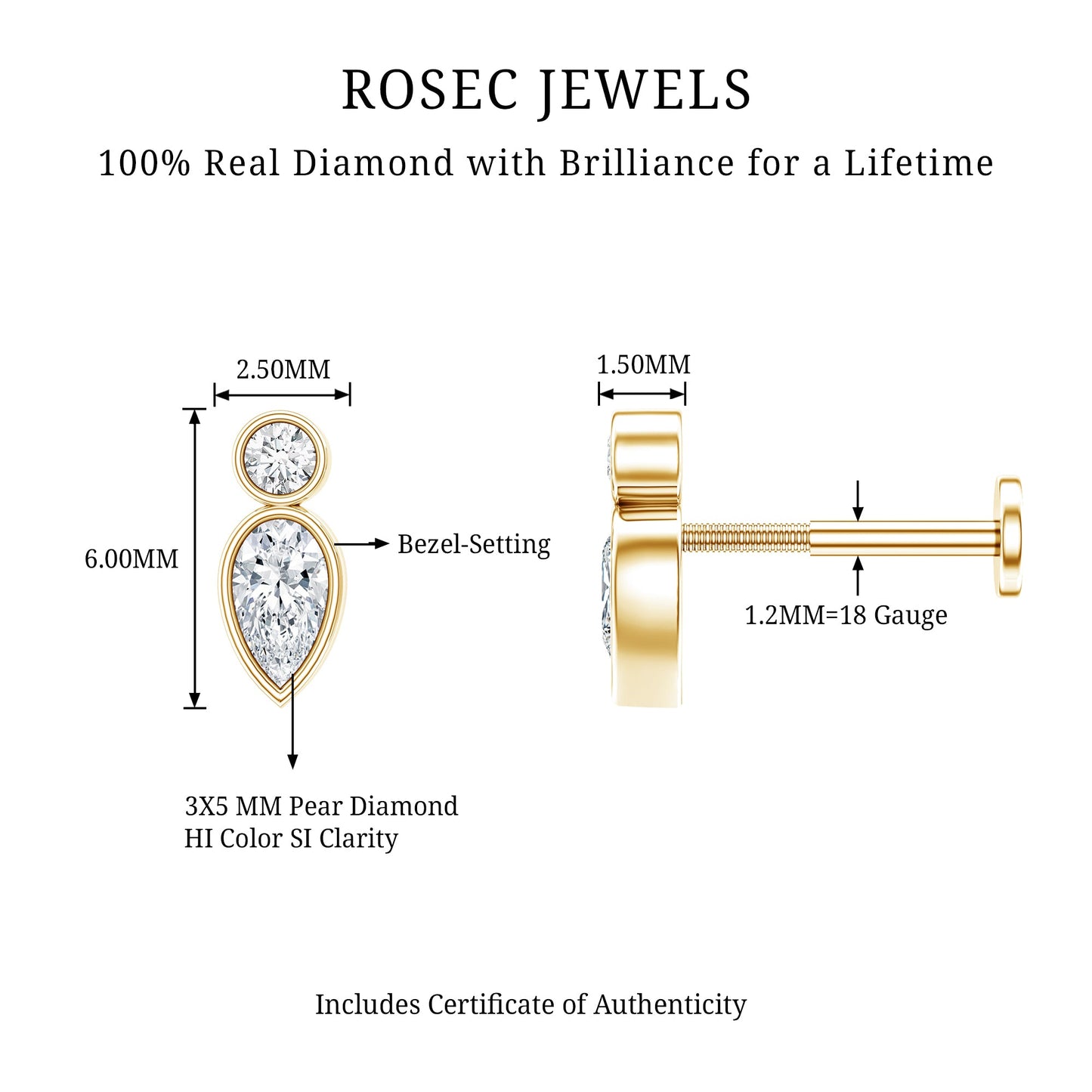 Minimal Pear Diamond Tragus Earring in Bezel Setting