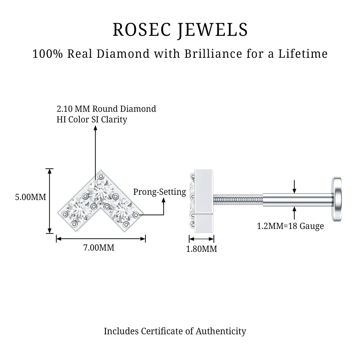 Certified Diamond Chevron V Earring for Tragus Piercing