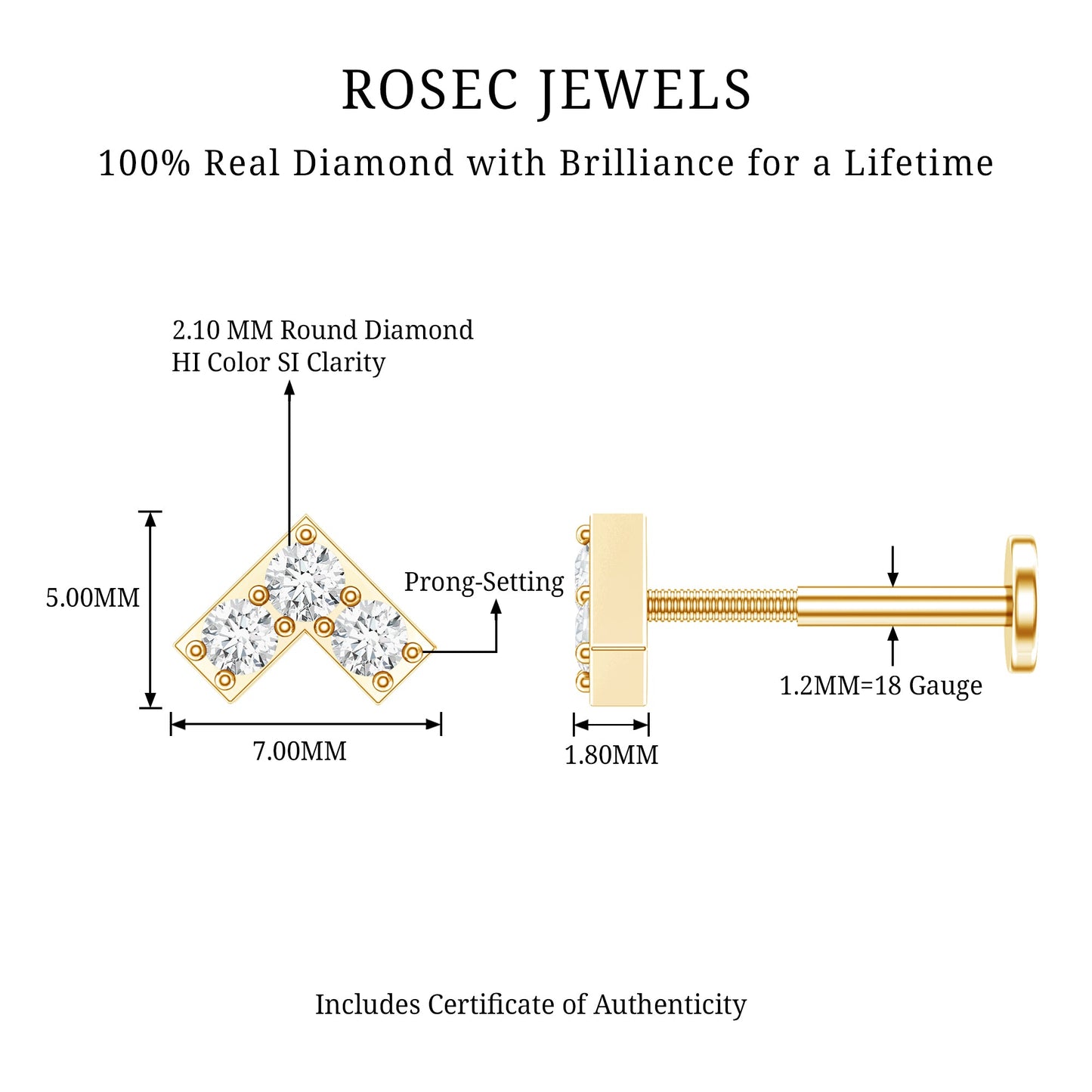 Certified Diamond Chevron V Earring for Tragus Piercing