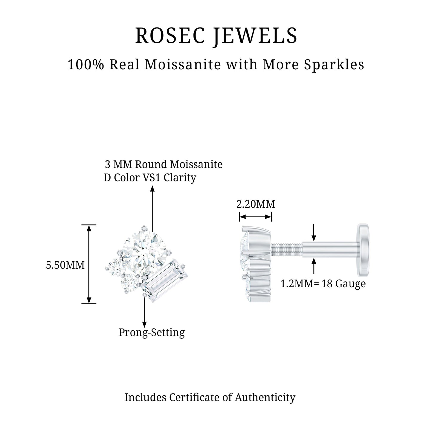 Baguette and Round Moissanite Cluster Tragus Earring
