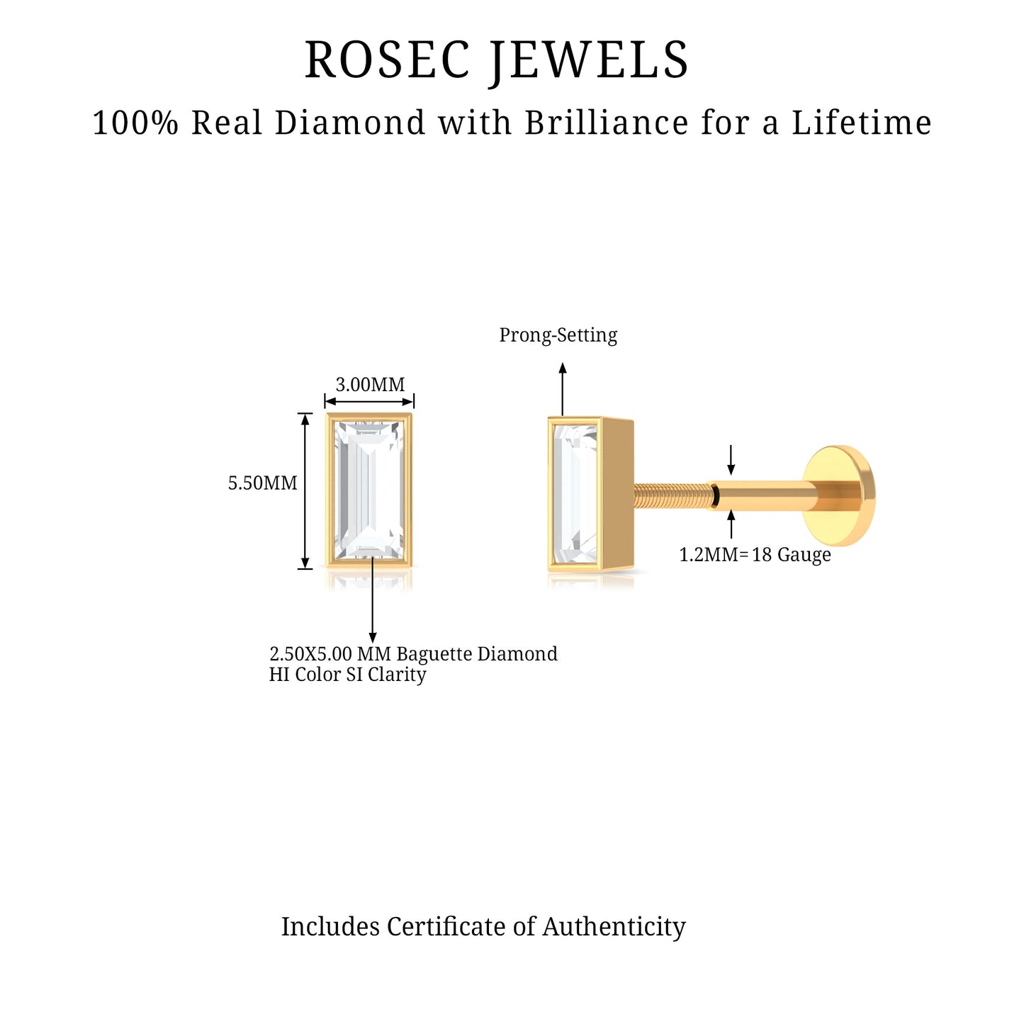Baguette Diamond Tragus Earring in Bezel Setting