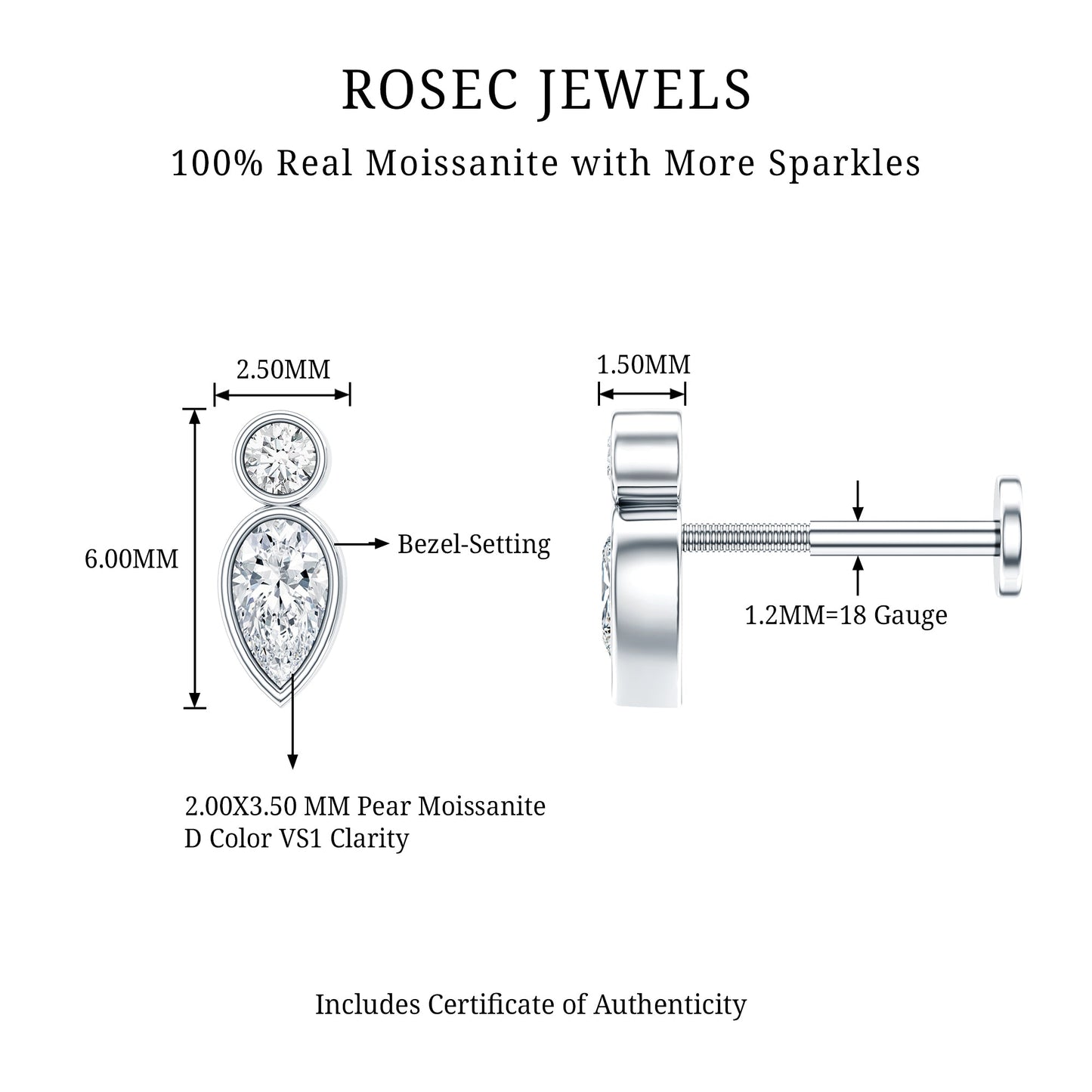 Dainty Pear and Round Cut Moissanite Tragus Earring