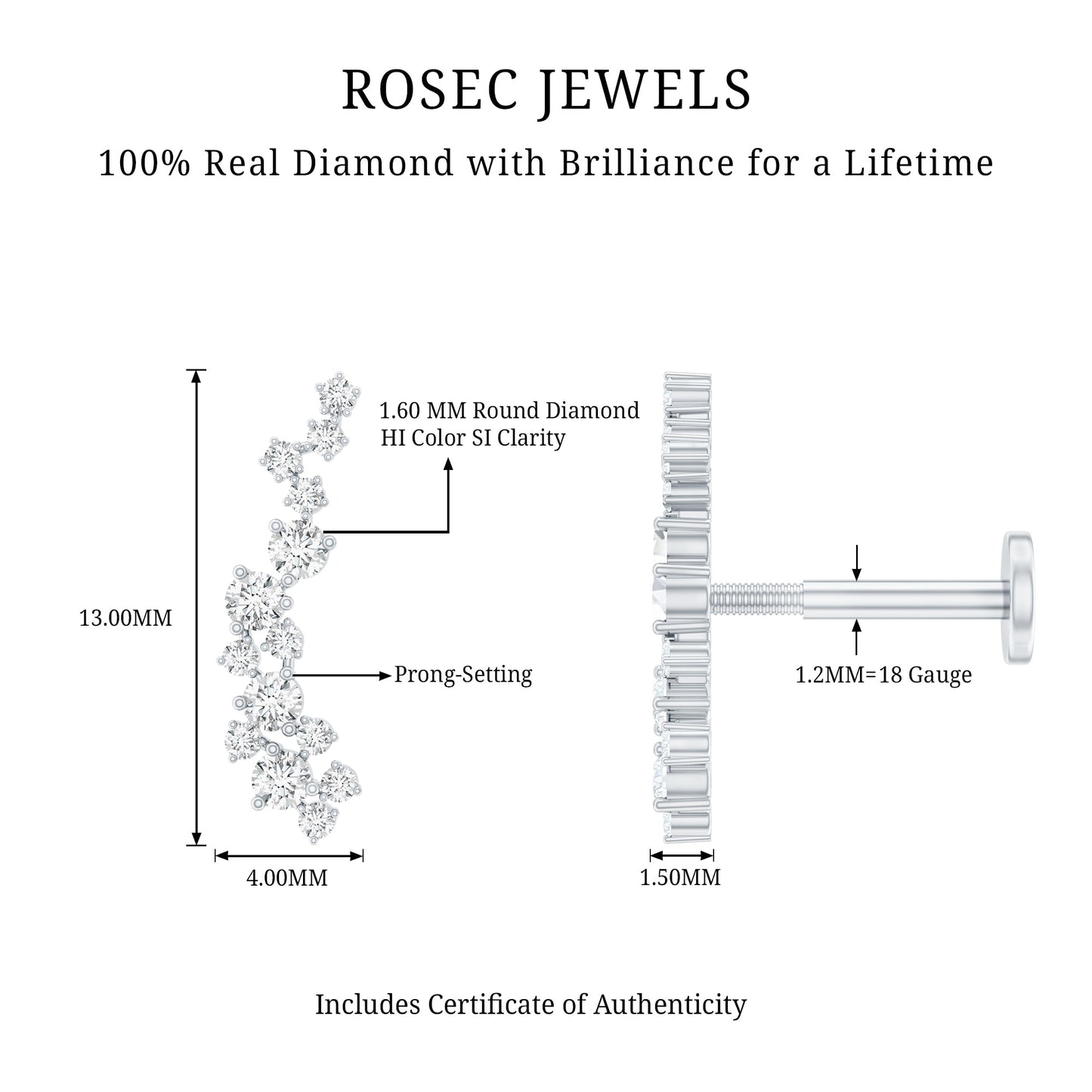 Natural Diamond Cluster Crawler Earring for Helix Piercing