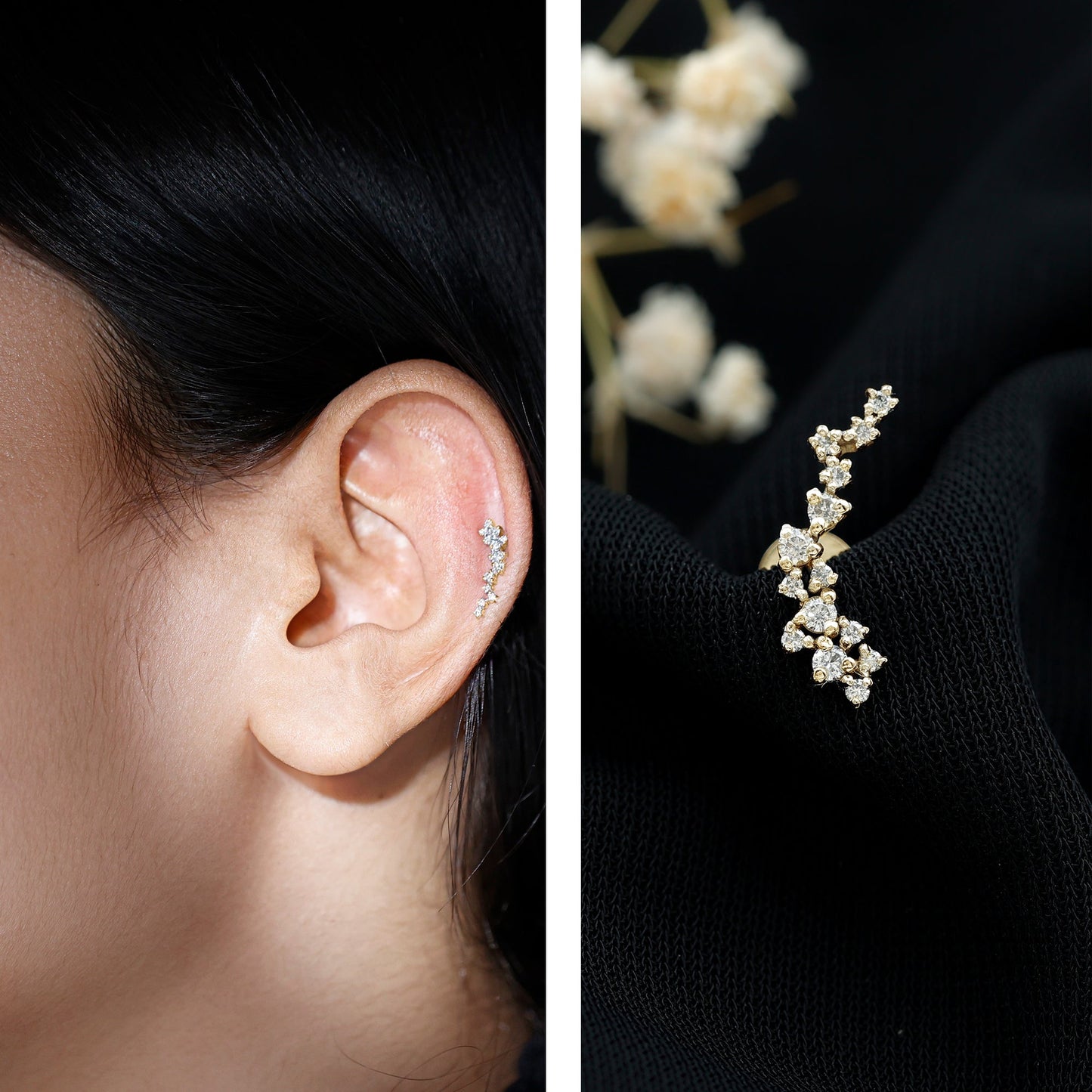 Natural Diamond Cluster Crawler Earring for Helix Piercing