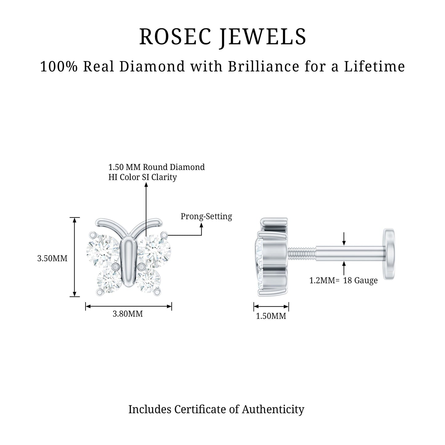 Natural Diamond Butterfly Earring for Cartilage Piercing