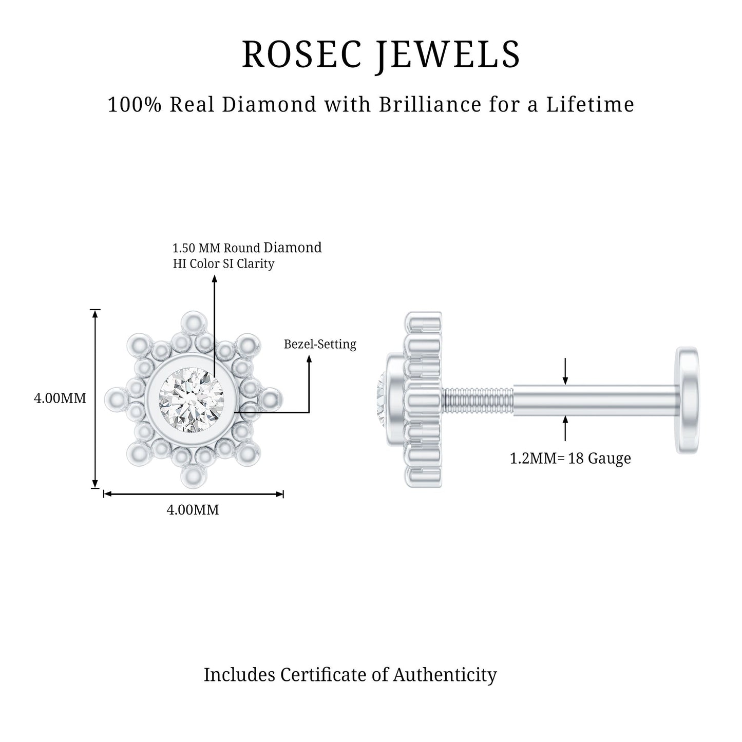 Minimal Diamond Cartilage Earring Stud with Flat Back