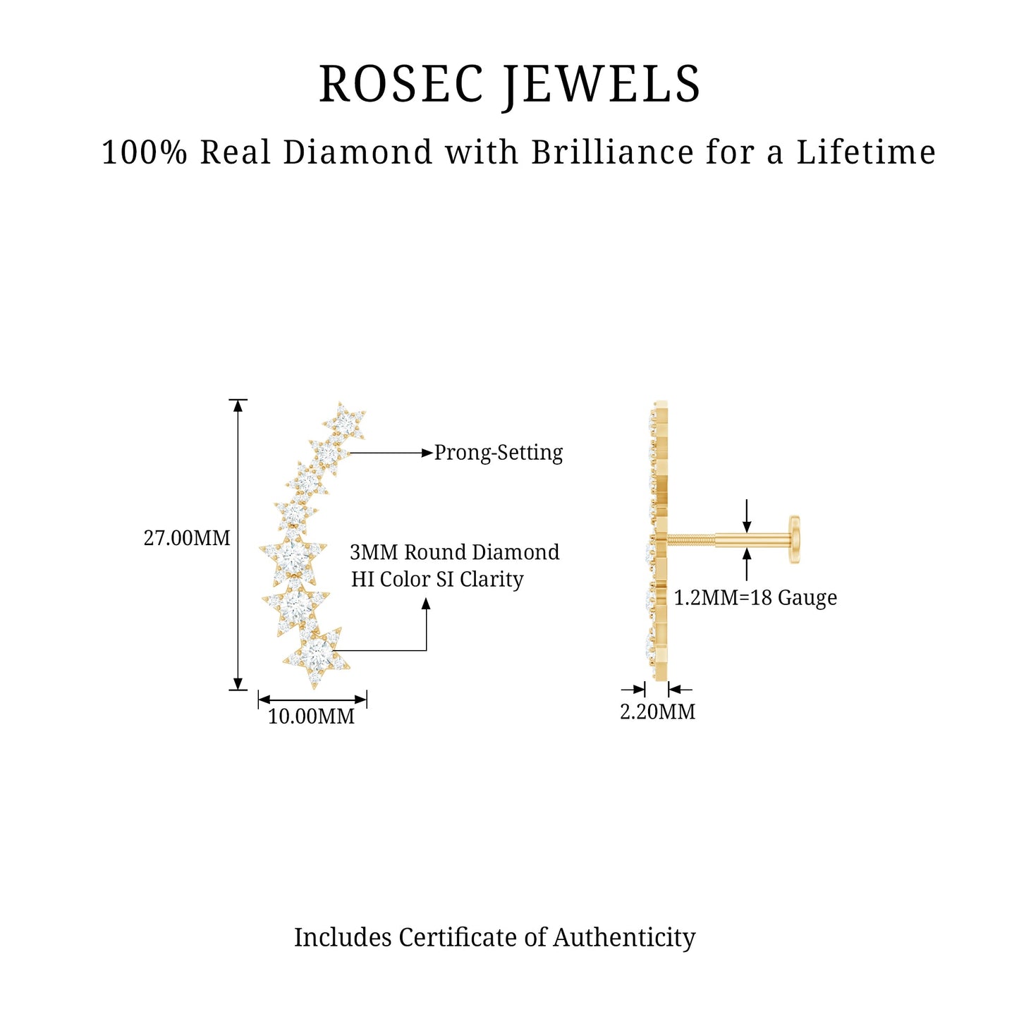 Graduated Diamond Star Crawler Earring for Helix Piercing